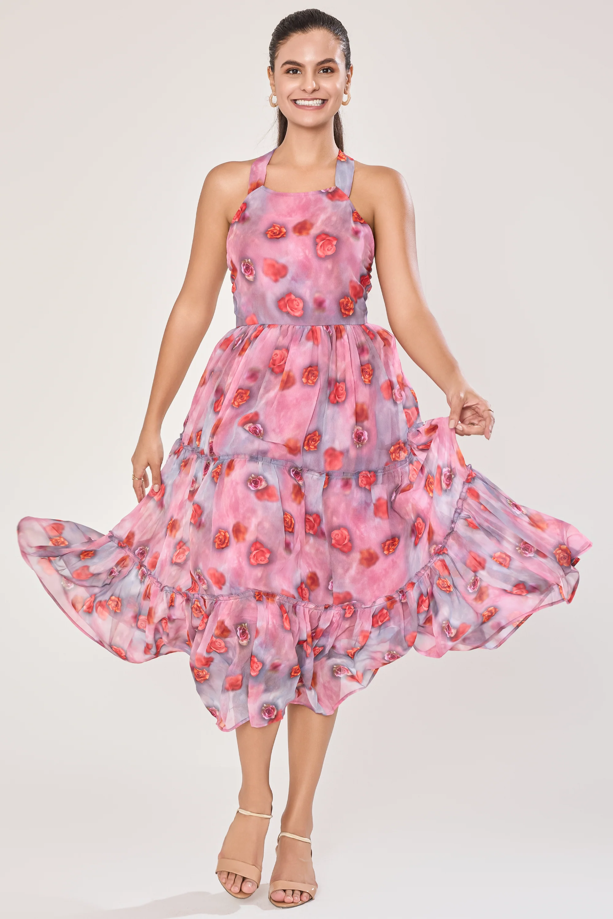Urban Sundari Floral Georgette Ankle Length Dress with Halter Neck - Image 6