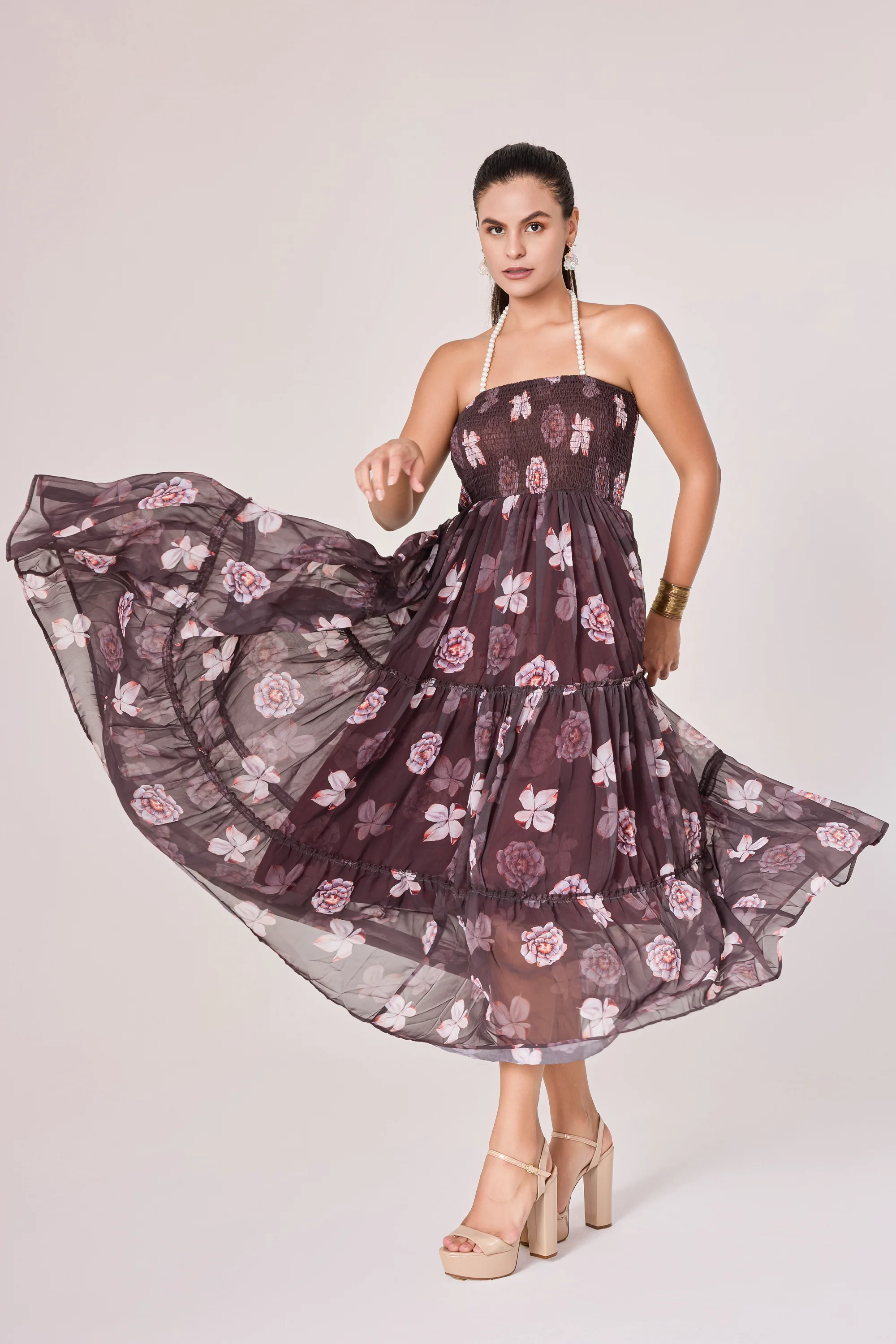 Urban Sundari Floral Georgette Maxi Dress with Pearl Embellished Halter Neck - Image 10