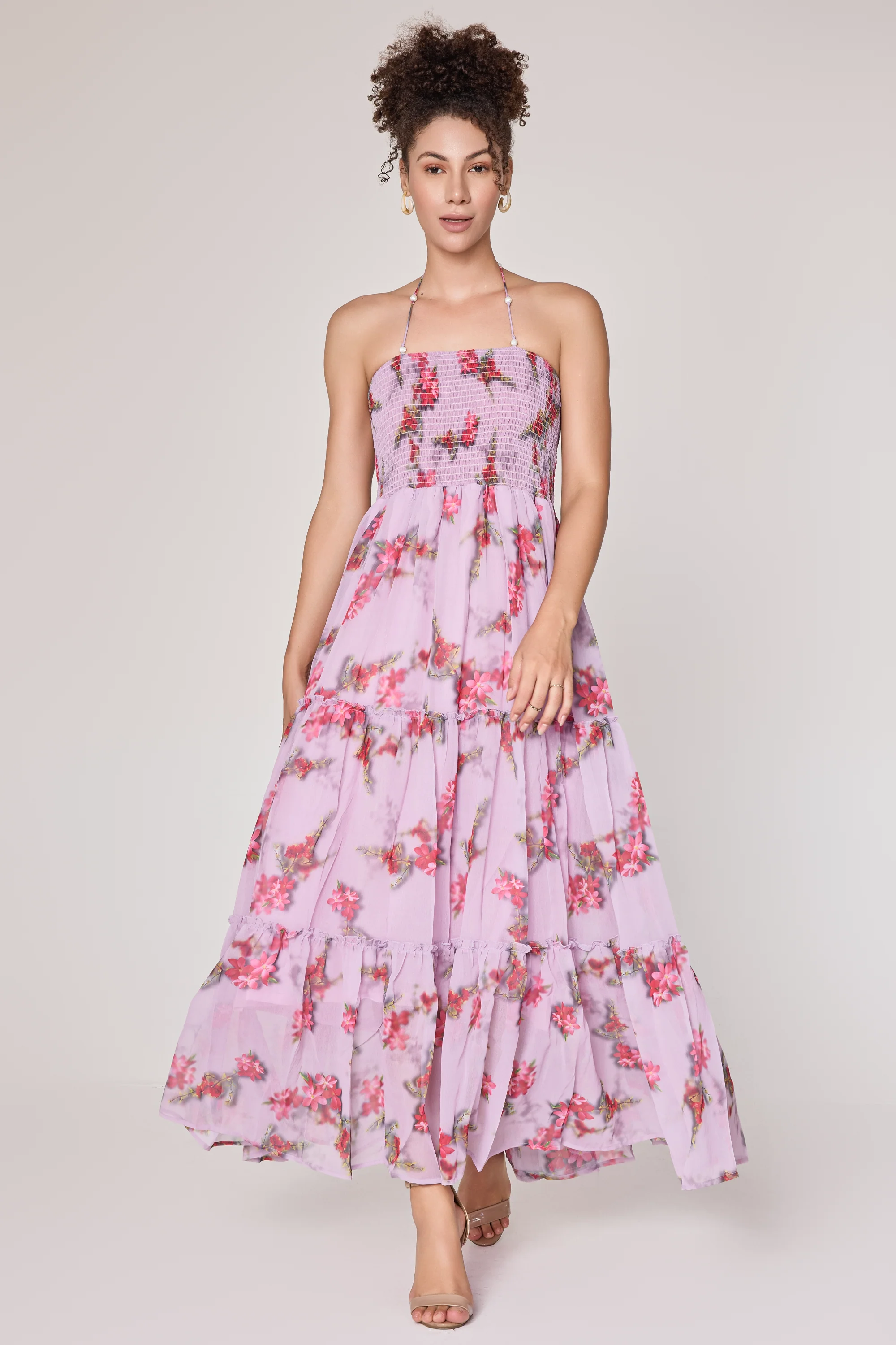 Urban Sundari Floral Georgette Maxi Dress with Pearl Embellished Halter Neck - Image 11