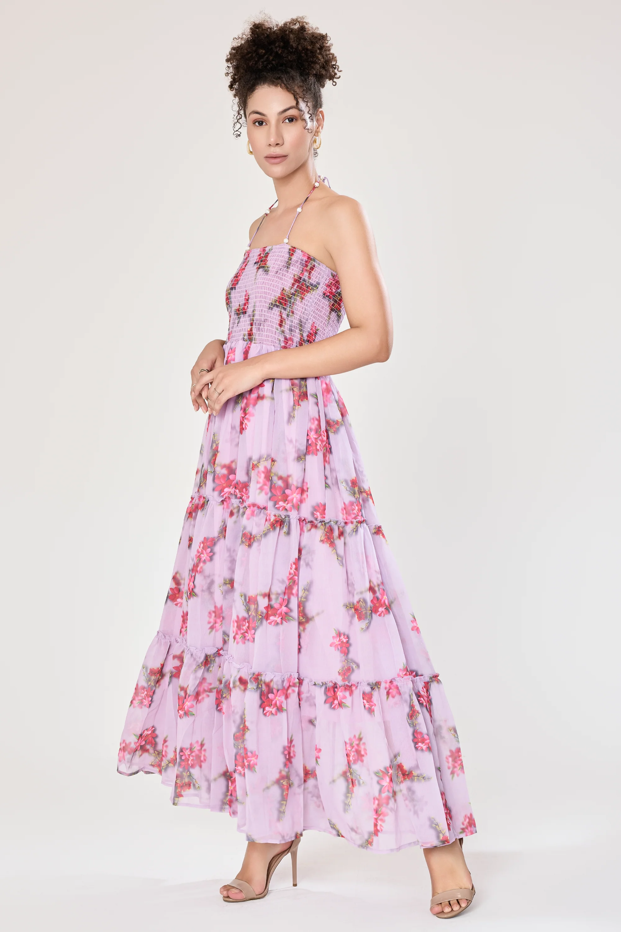 Urban Sundari Floral Georgette Maxi Dress with Pearl Embellished Halter Neck - Image 13