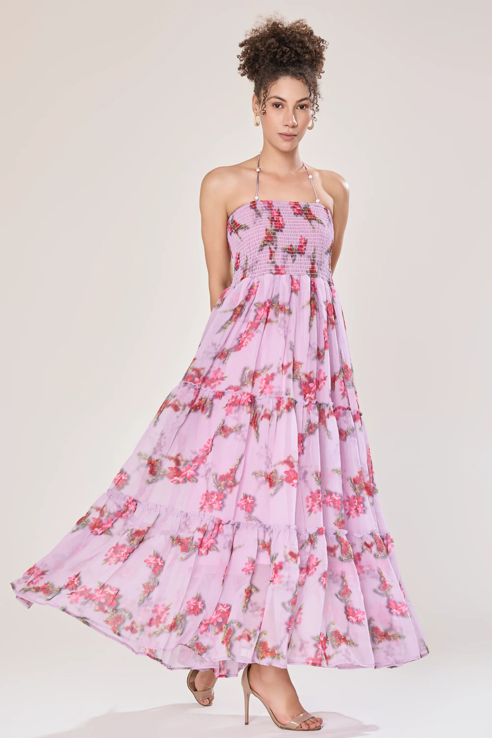Urban Sundari Floral Georgette Maxi Dress with Pearl Embellished Halter Neck - Image 15