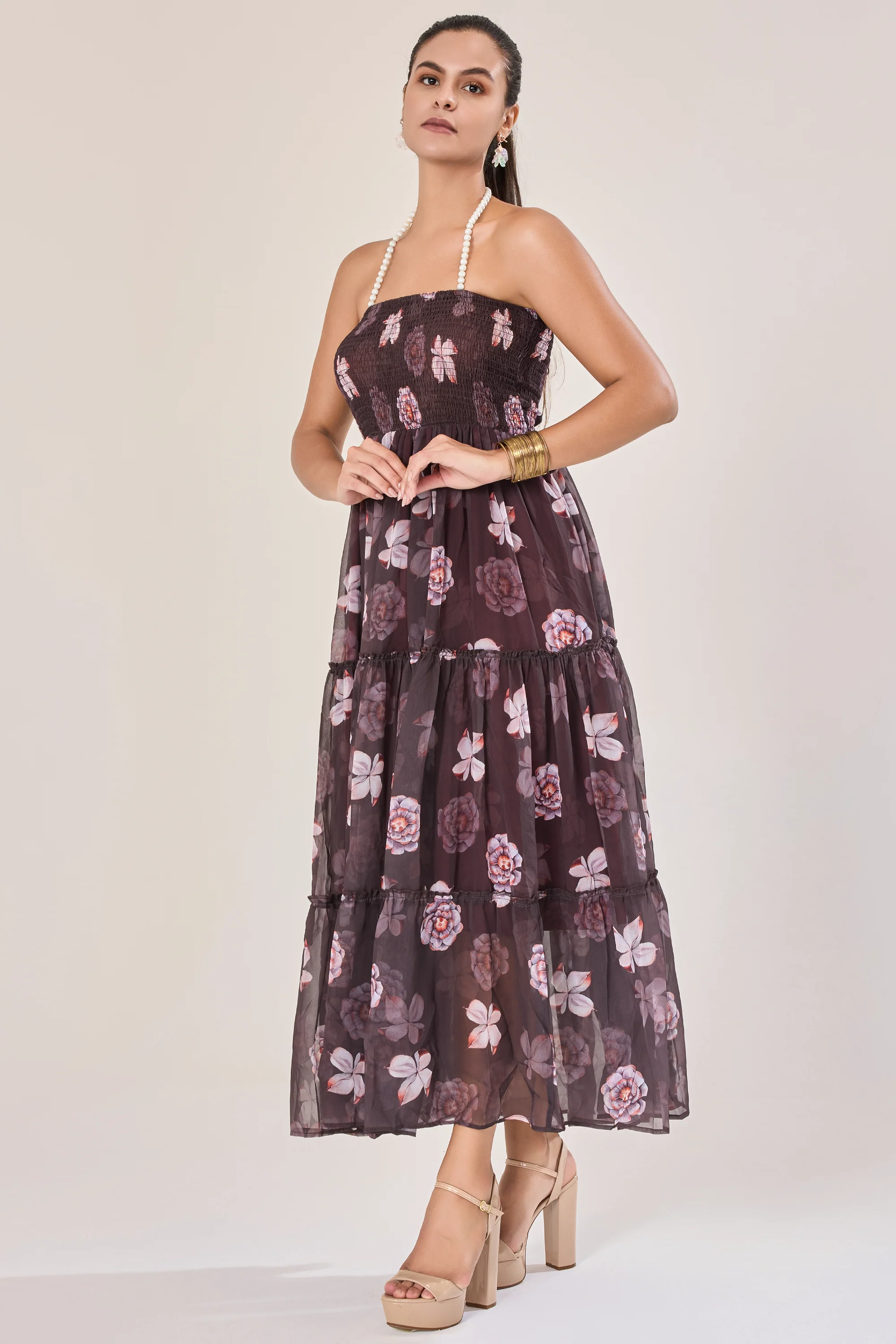 Urban Sundari Floral Georgette Maxi Dress with Pearl Embellished Halter Neck - Image 6
