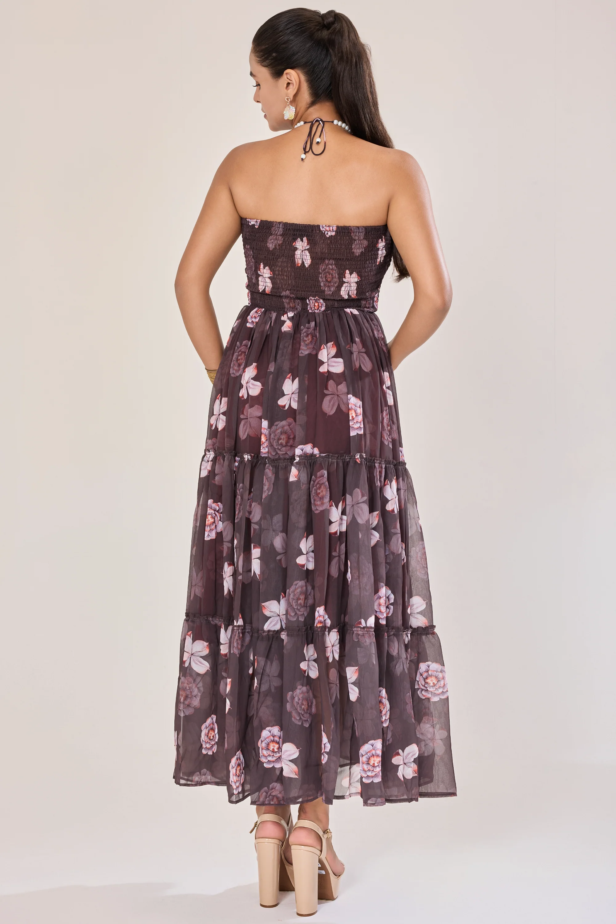 Urban Sundari Floral Georgette Maxi Dress with Pearl Embellished Halter Neck - Image 7