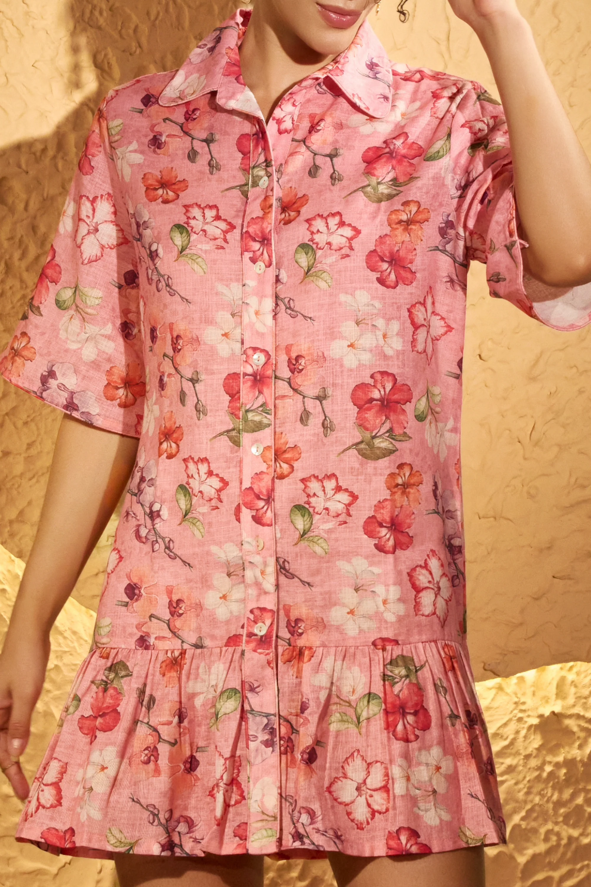 Urban Sundari Floral Printed Cotton Mini Shirt Dress with Ruffled Hem - Image 4