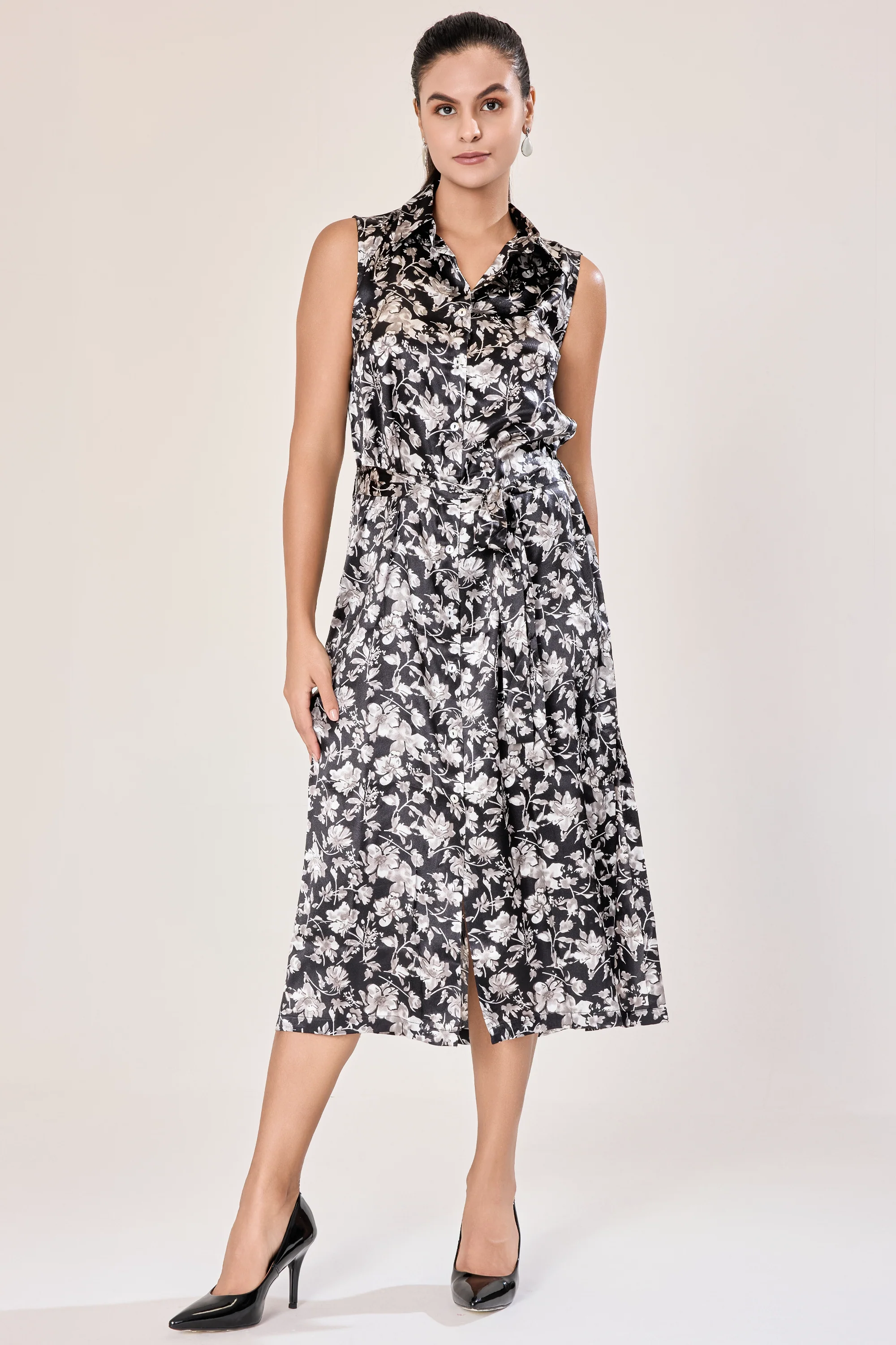 Urban Sundari Floral Satin Midi Shirt Dress with Sleeveless Design