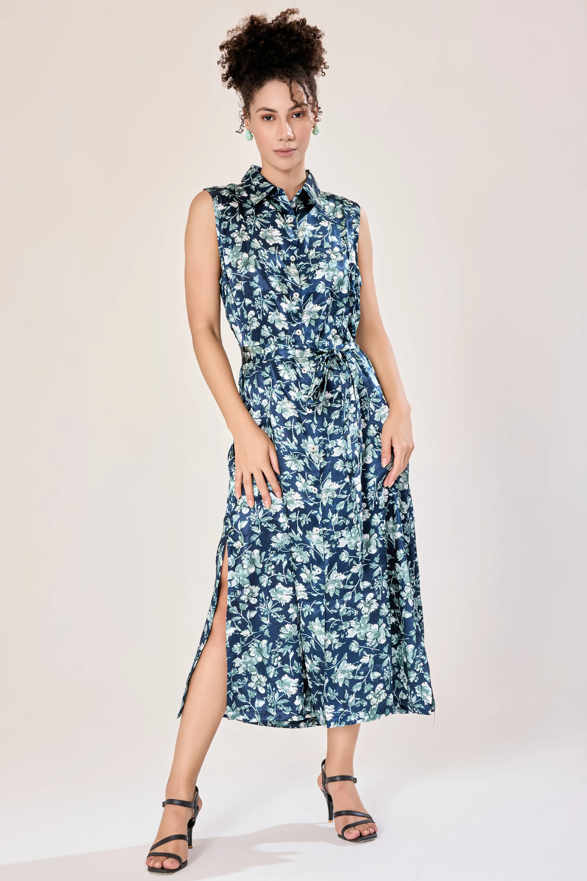 Urban Sundari Floral Satin Midi Shirt Dress with Sleeveless Design - Image 6
