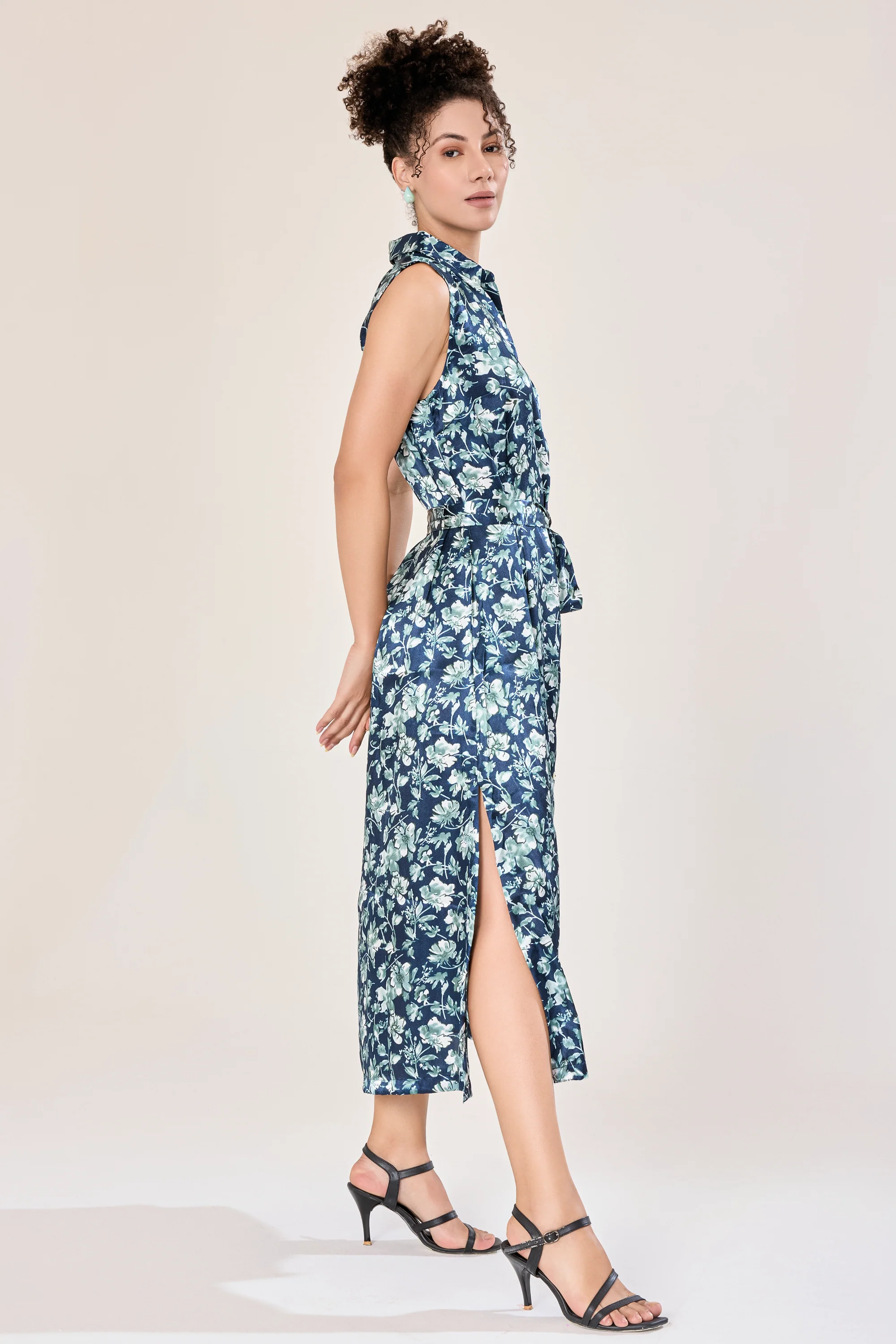 Urban Sundari Floral Satin Midi Shirt Dress with Sleeveless Design - Image 8