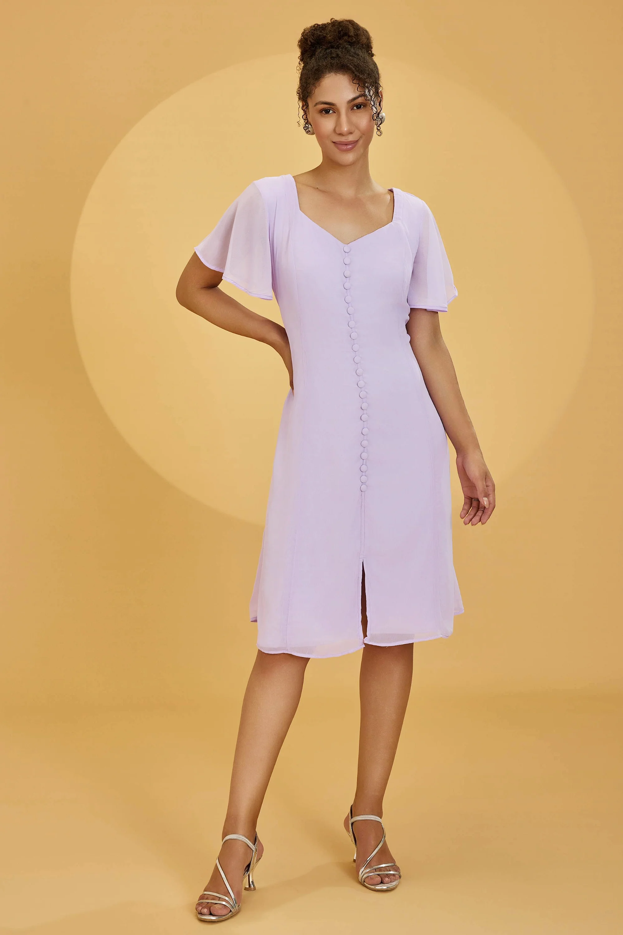 Urban Sundari Solid Crepe Knee Length A-Line Dress with Embroidered Button - Image 6