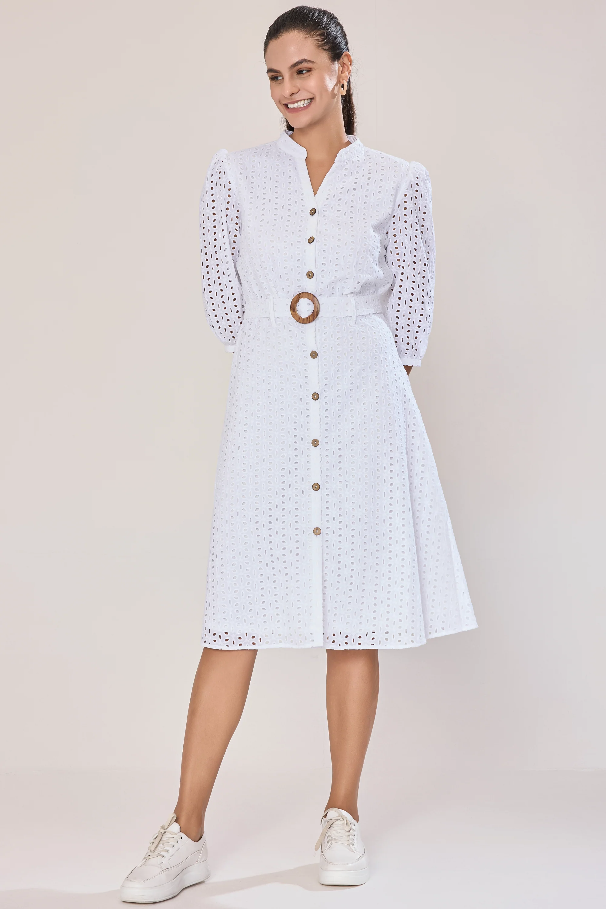 Urban Sundari Solid Schiffli Fit & Flare Dress with Belt Embellishment - Image 10