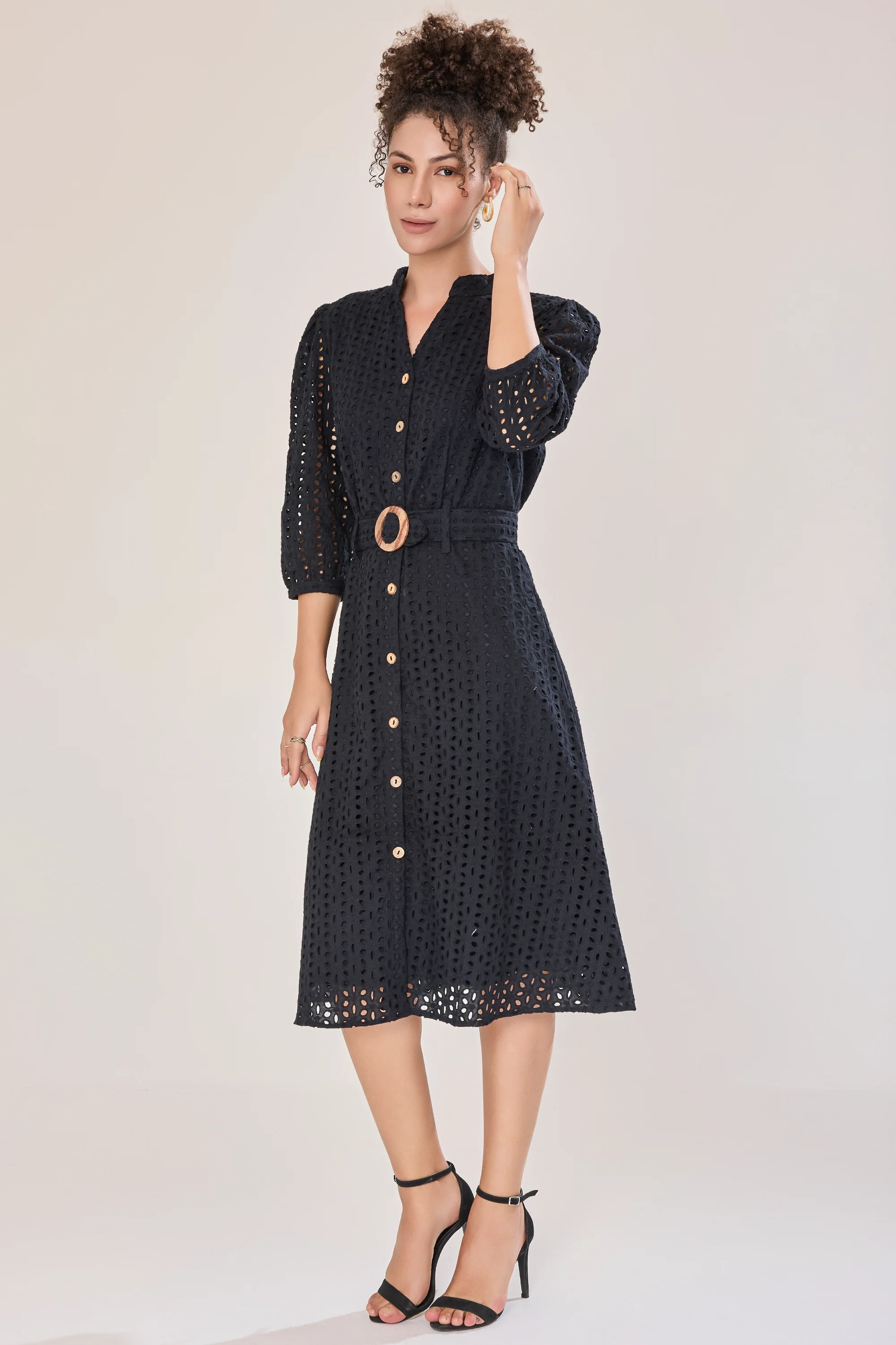 Urban Sundari Solid Schiffli Fit & Flare Dress with Belt Embellishment - Image 5
