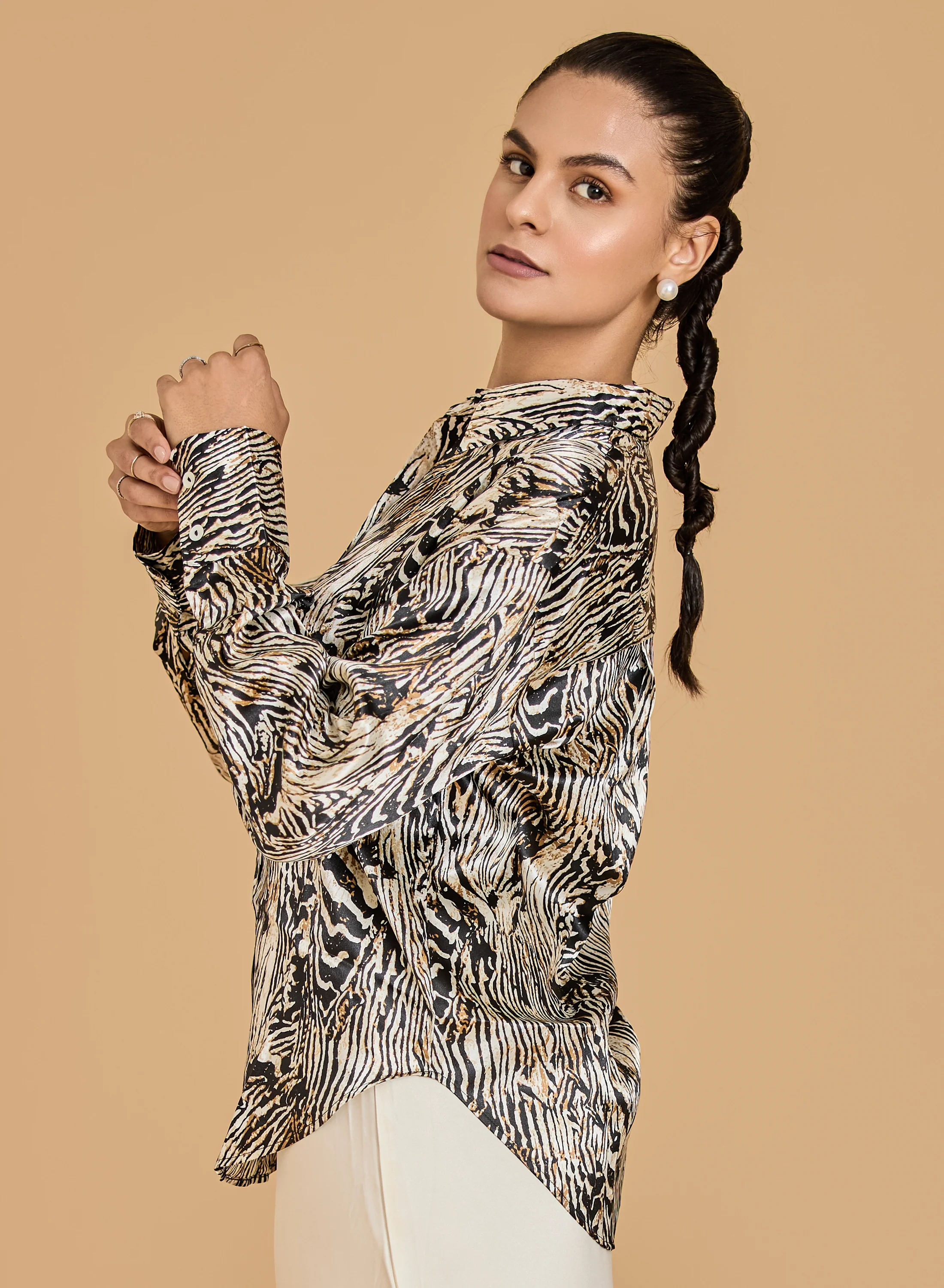 Urban Sundari Women's Animal Printed Satin Shirt with Spread Collar and Long Sleeves - Image 3