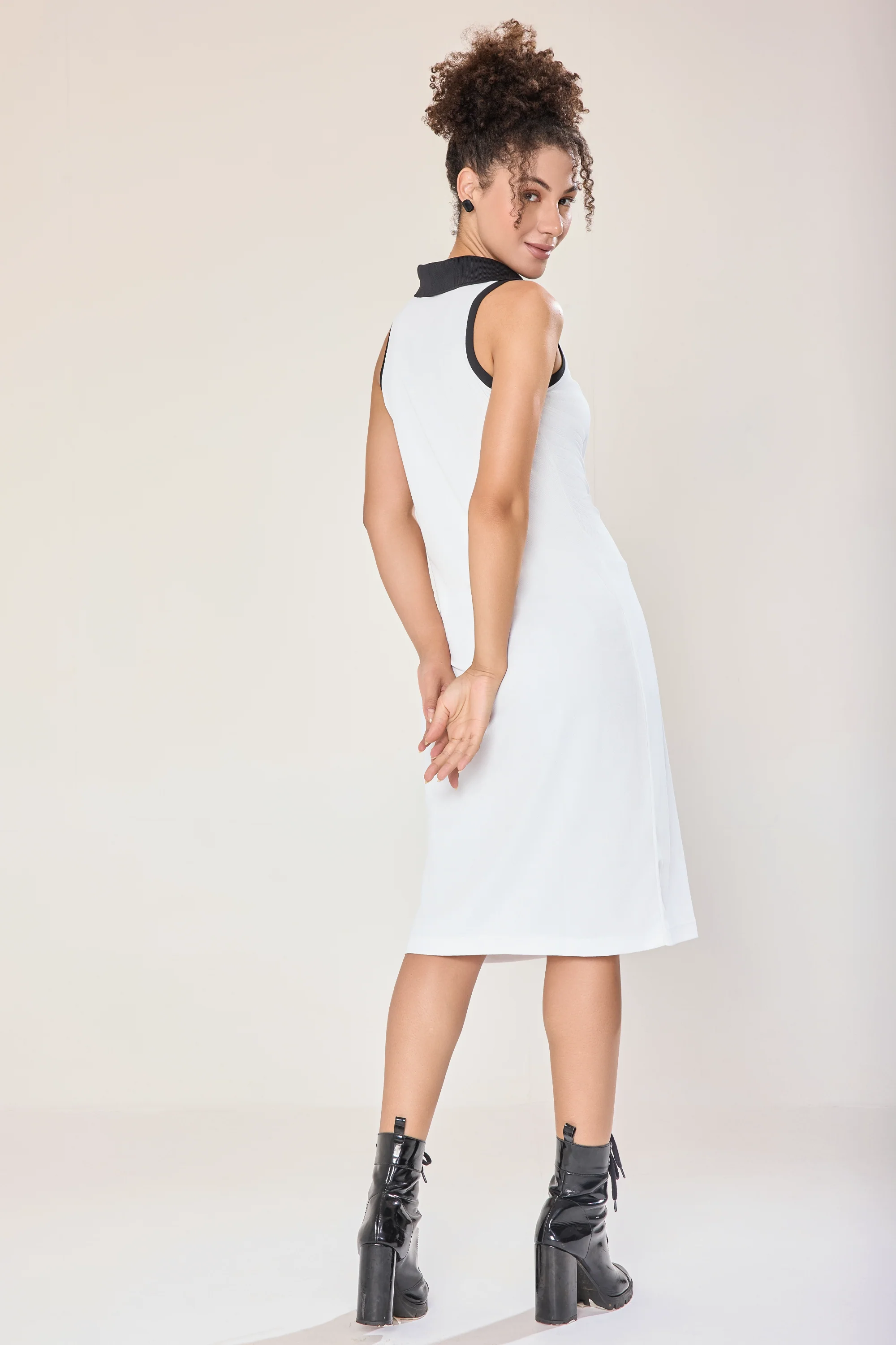 Urban Sundari Women's Below Knee Polo Neck Cotton Rib Dress - Sleeveless, Solid Design - Image 7