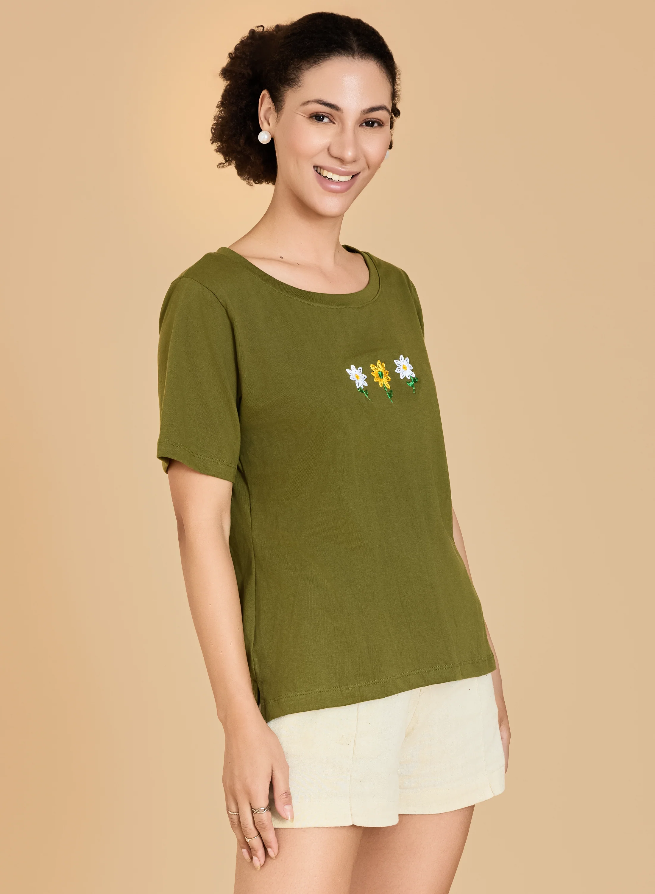 Urban Sundari Women's Cotton Blend Round Neck Half Sleeve T-Shirt with Front Flower Embroidery - Image 12