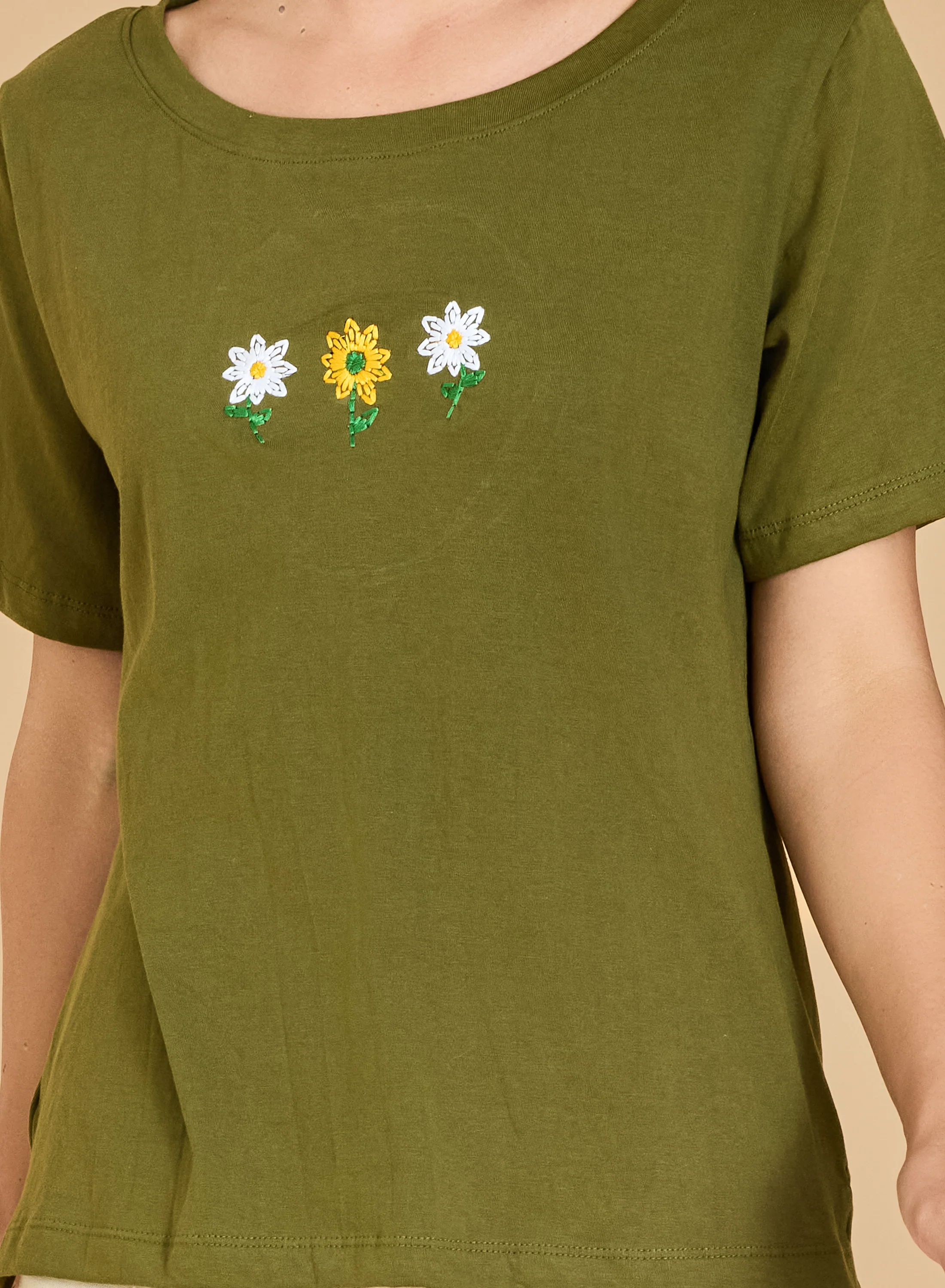 Urban Sundari Women's Cotton Blend Round Neck Half Sleeve T-Shirt with Front Flower Embroidery - Image 13
