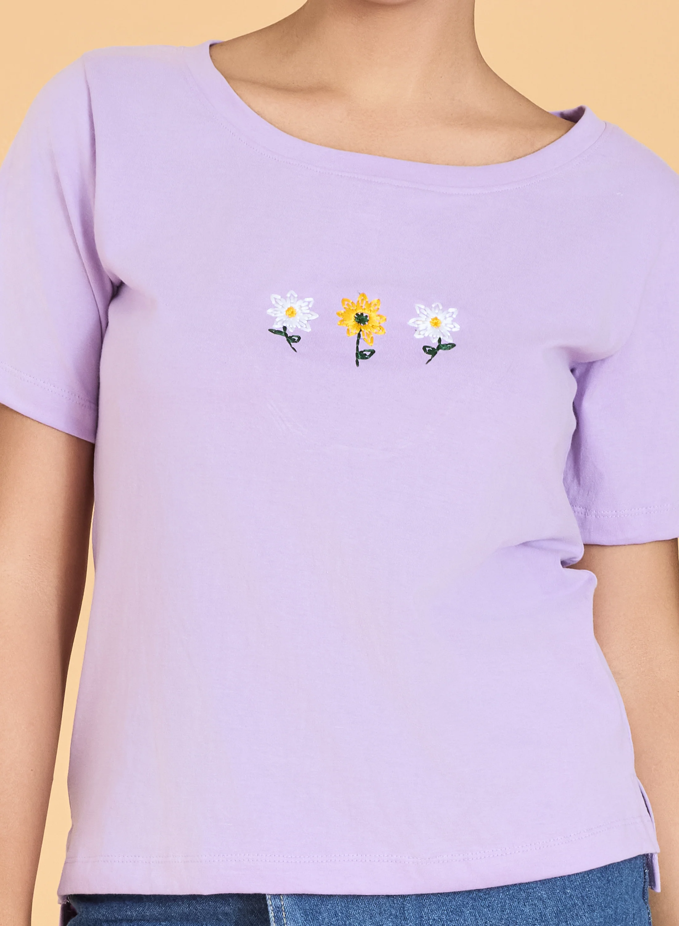 Urban Sundari Women's Cotton Blend Round Neck Half Sleeve T-Shirt with Front Flower Embroidery - Image 18