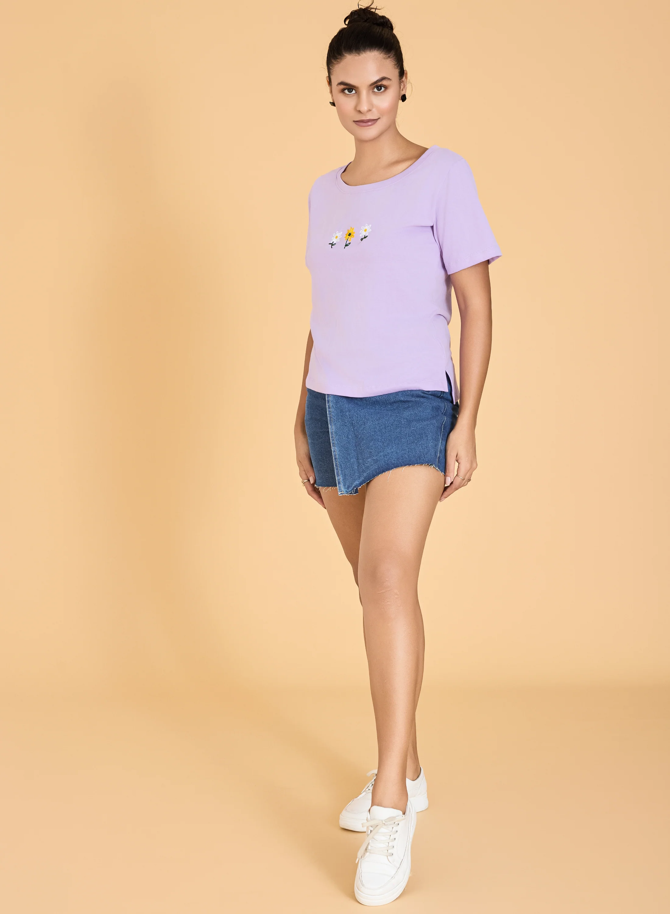 Urban Sundari Women's Cotton Blend Round Neck Half Sleeve T-Shirt with Front Flower Embroidery - Image 19