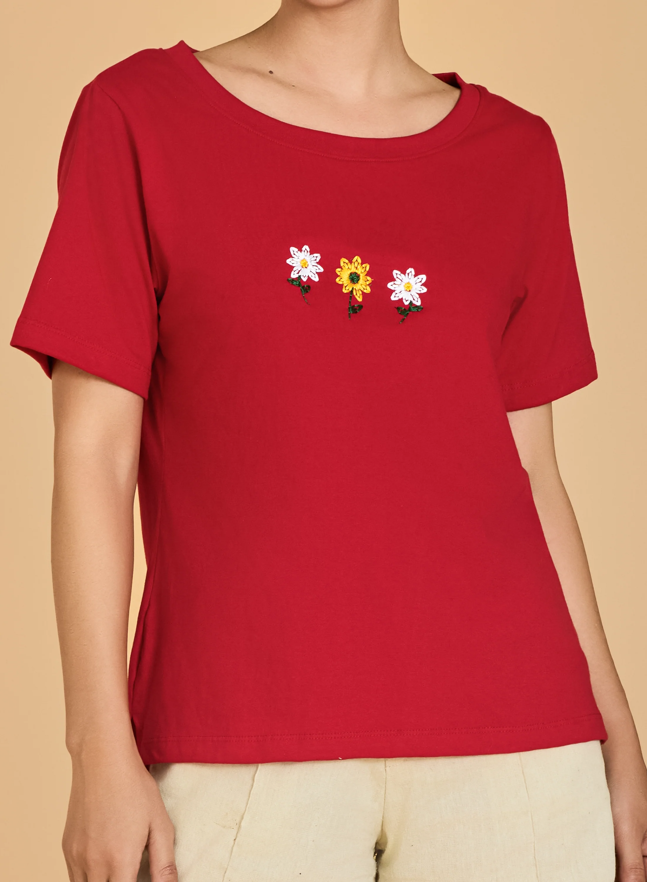 Urban Sundari Women's Cotton Blend Round Neck Half Sleeve T-Shirt with Front Flower Embroidery - Image 22