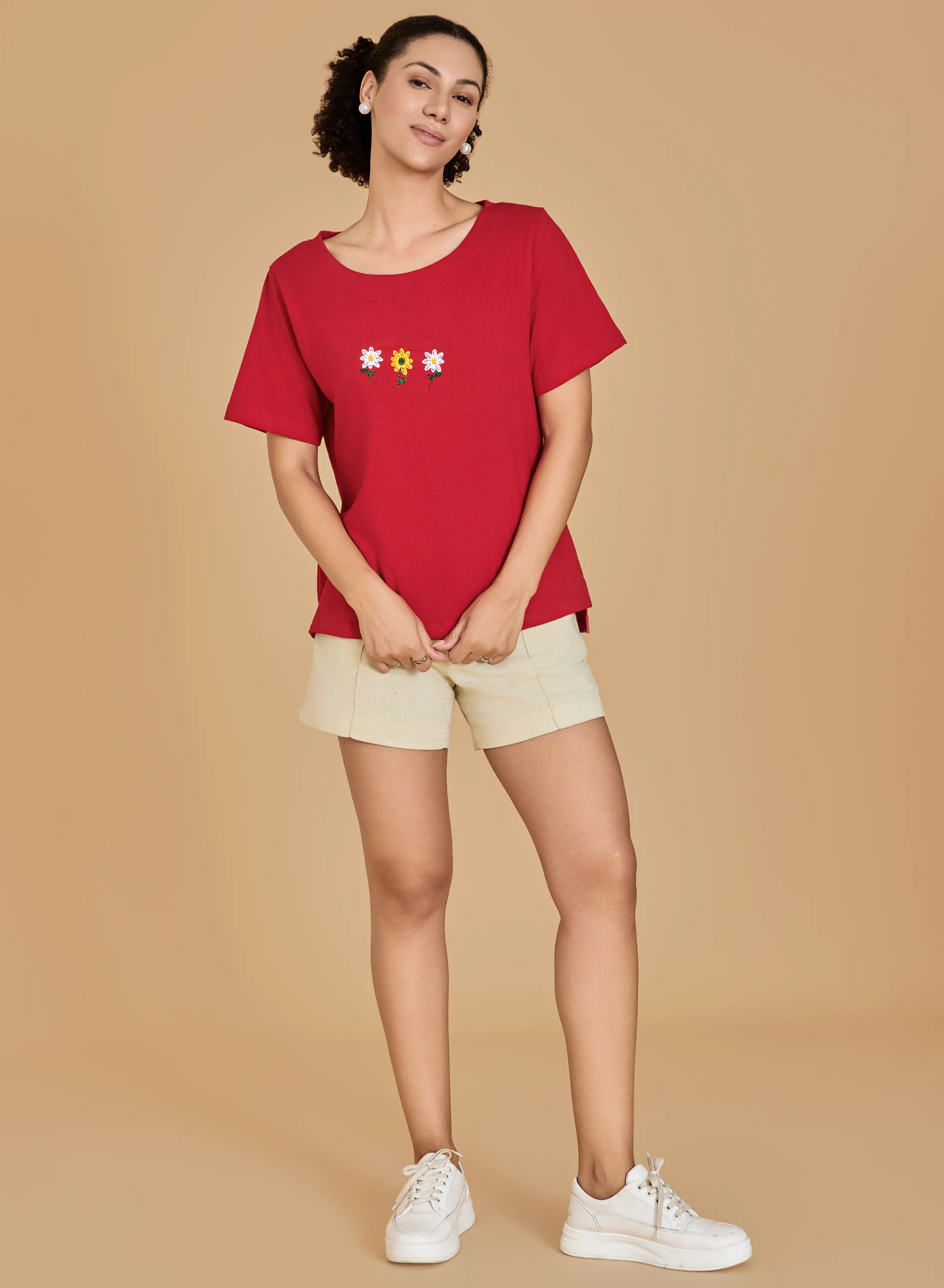 Urban Sundari Women's Cotton Blend Round Neck Half Sleeve T-Shirt with Front Flower Embroidery - Image 23
