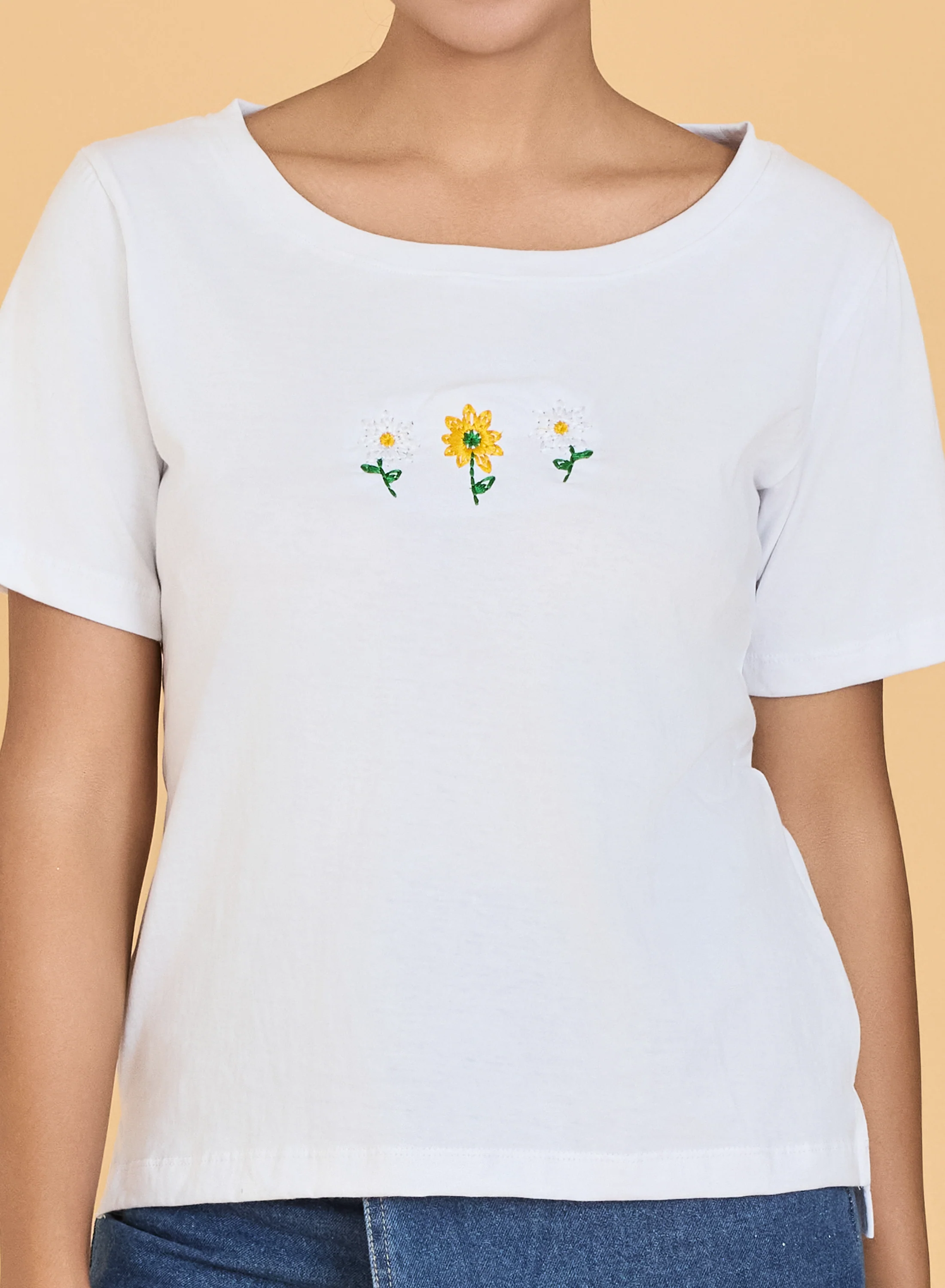 Urban Sundari Women's Cotton Blend Round Neck Half Sleeve T-Shirt with Front Flower Embroidery - Image 27