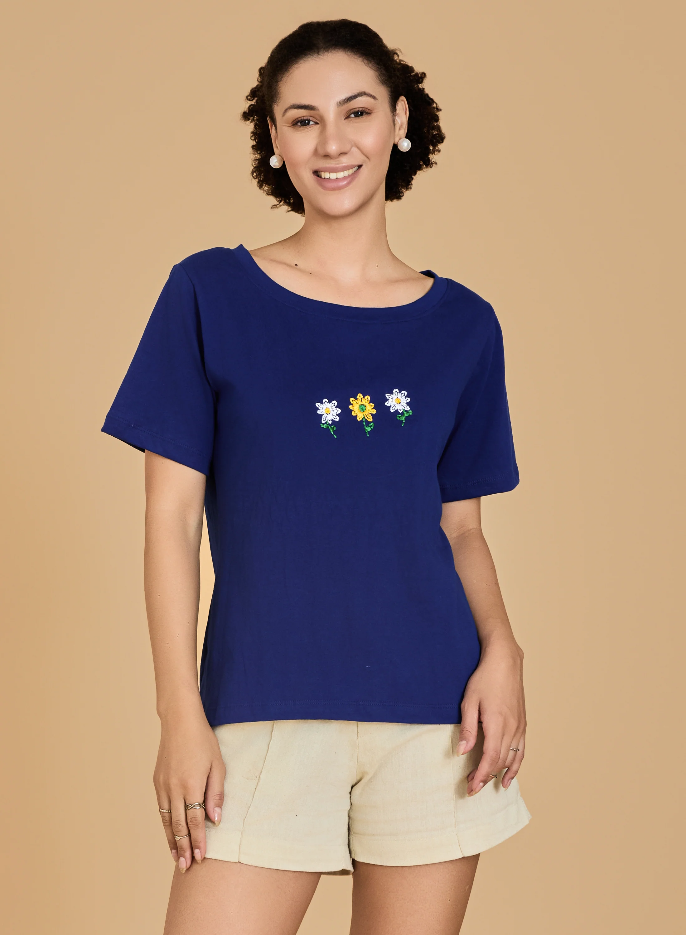 Urban Sundari Women's Cotton Blend Round Neck Half Sleeve T-Shirt with Front Flower Embroidery - Image 3