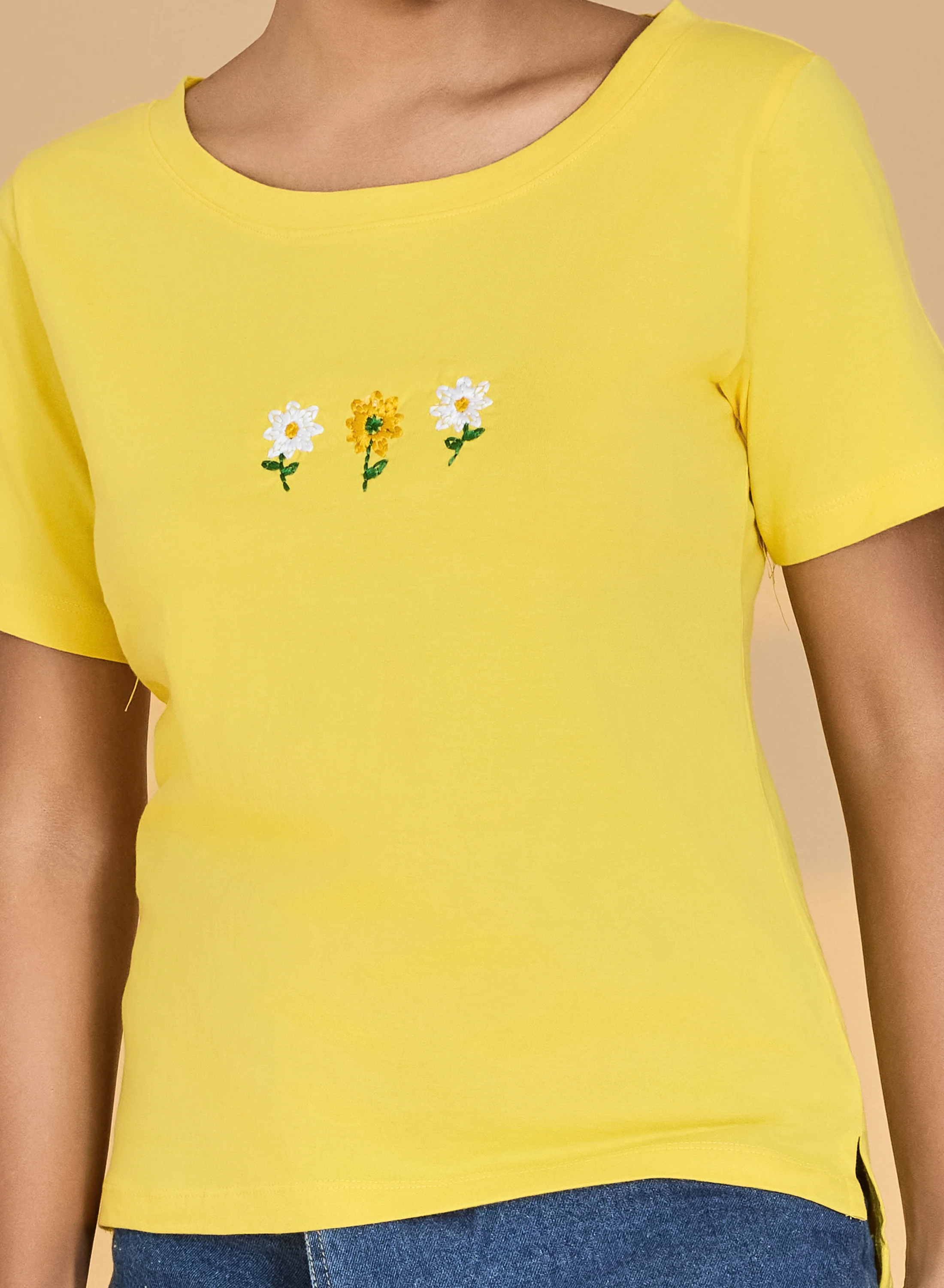 Urban Sundari Women's Cotton Blend Round Neck Half Sleeve T-Shirt with Front Flower Embroidery - Image 32