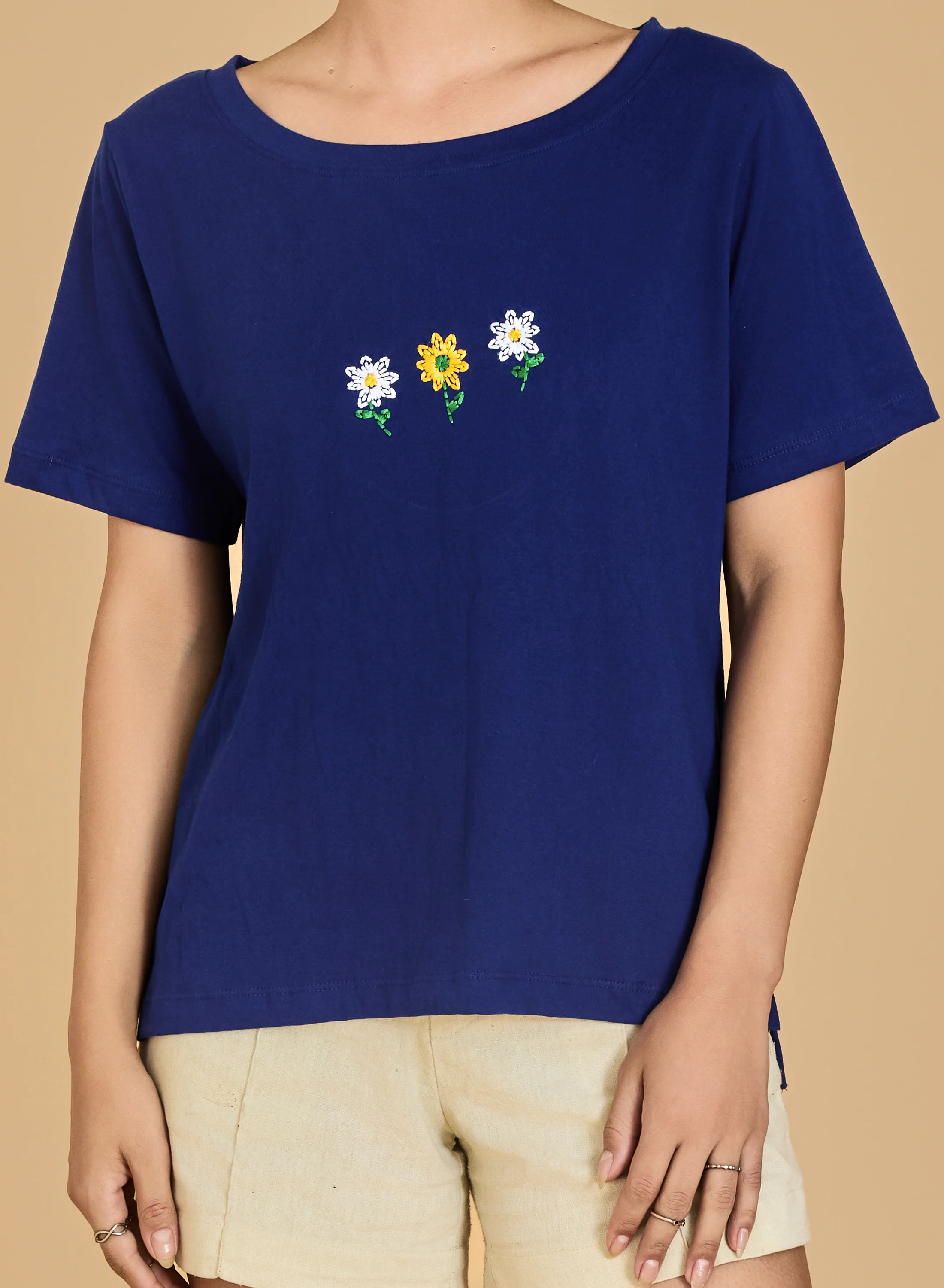 Urban Sundari Women's Cotton Blend Round Neck Half Sleeve T-Shirt with Front Flower Embroidery - Image 8