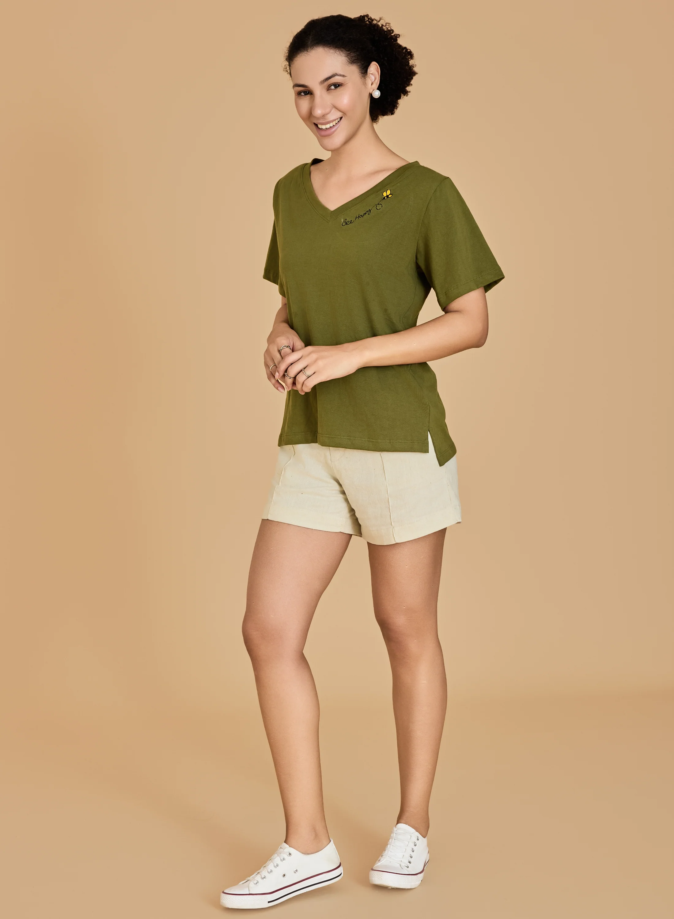 Urban Sundari Women's Cotton Blend V-Neck Half Sleeve T-Shirt with "Be Happy" Embroidery - Image 13