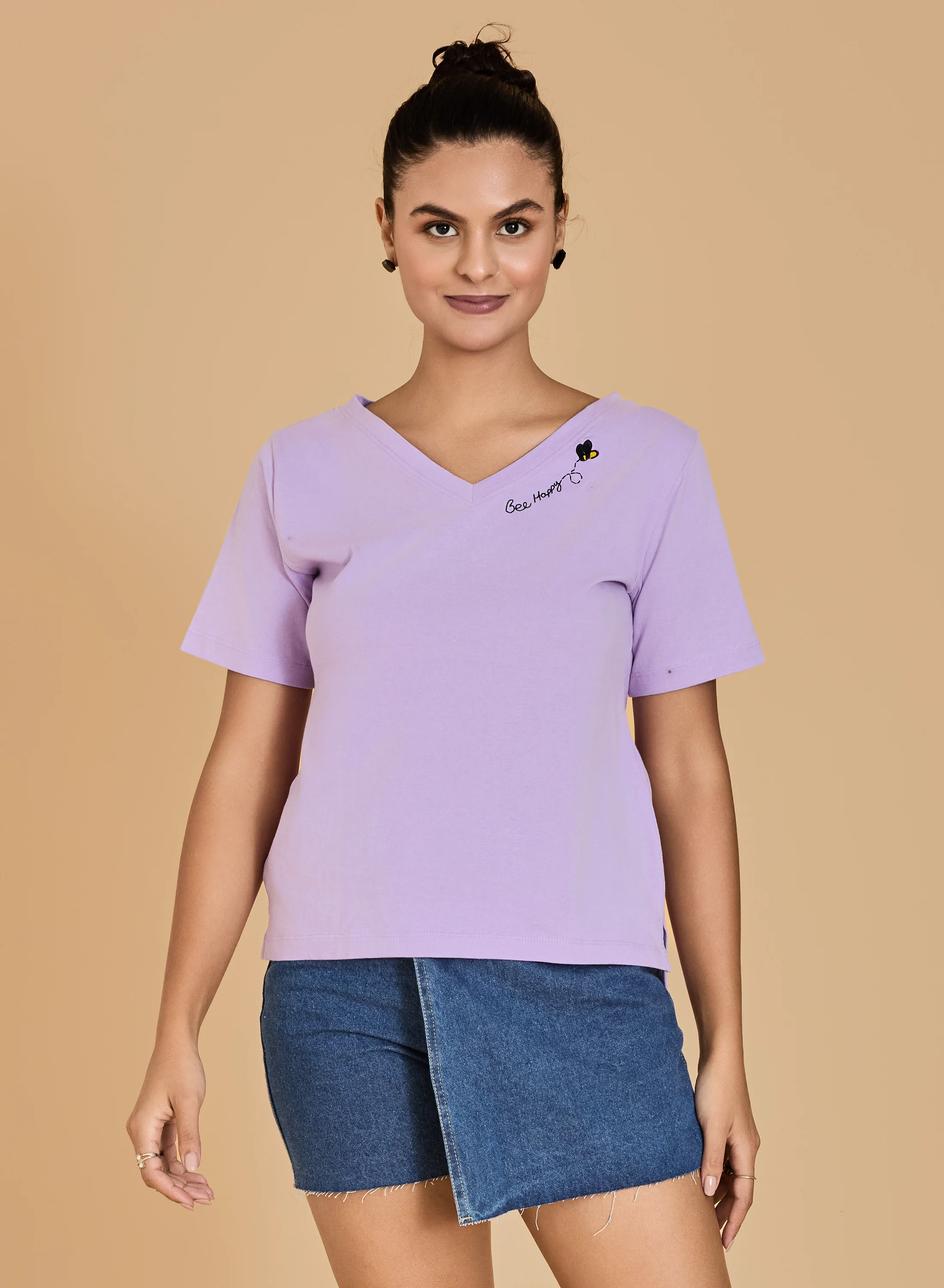 Urban Sundari Women's Cotton Blend V-Neck Half Sleeve T-Shirt with "Be Happy" Embroidery - Image 14