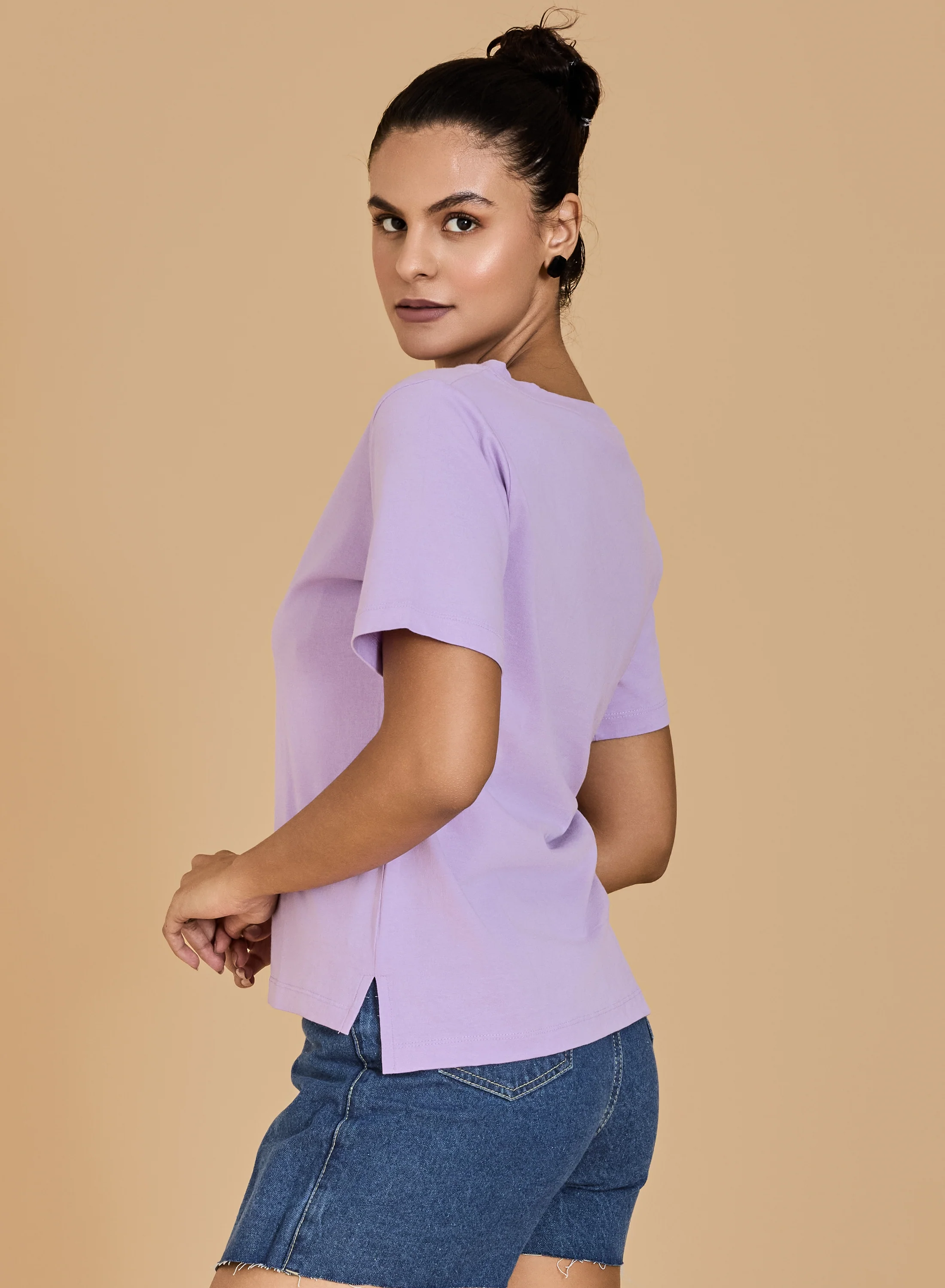 Urban Sundari Women's Cotton Blend V-Neck Half Sleeve T-Shirt with "Be Happy" Embroidery - Image 16