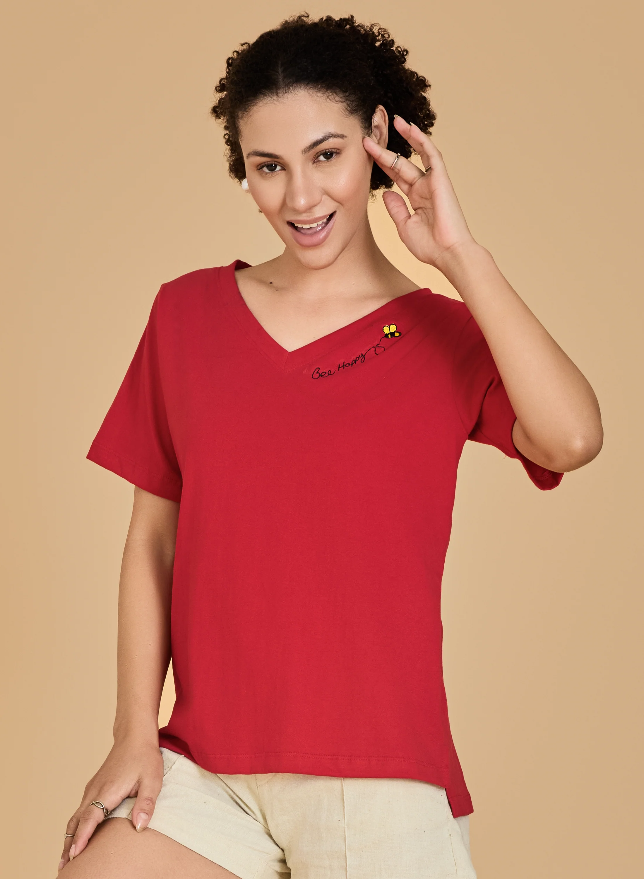 Urban Sundari Women's Cotton Blend V-Neck Half Sleeve T-Shirt with "Be Happy" Embroidery - Image 19