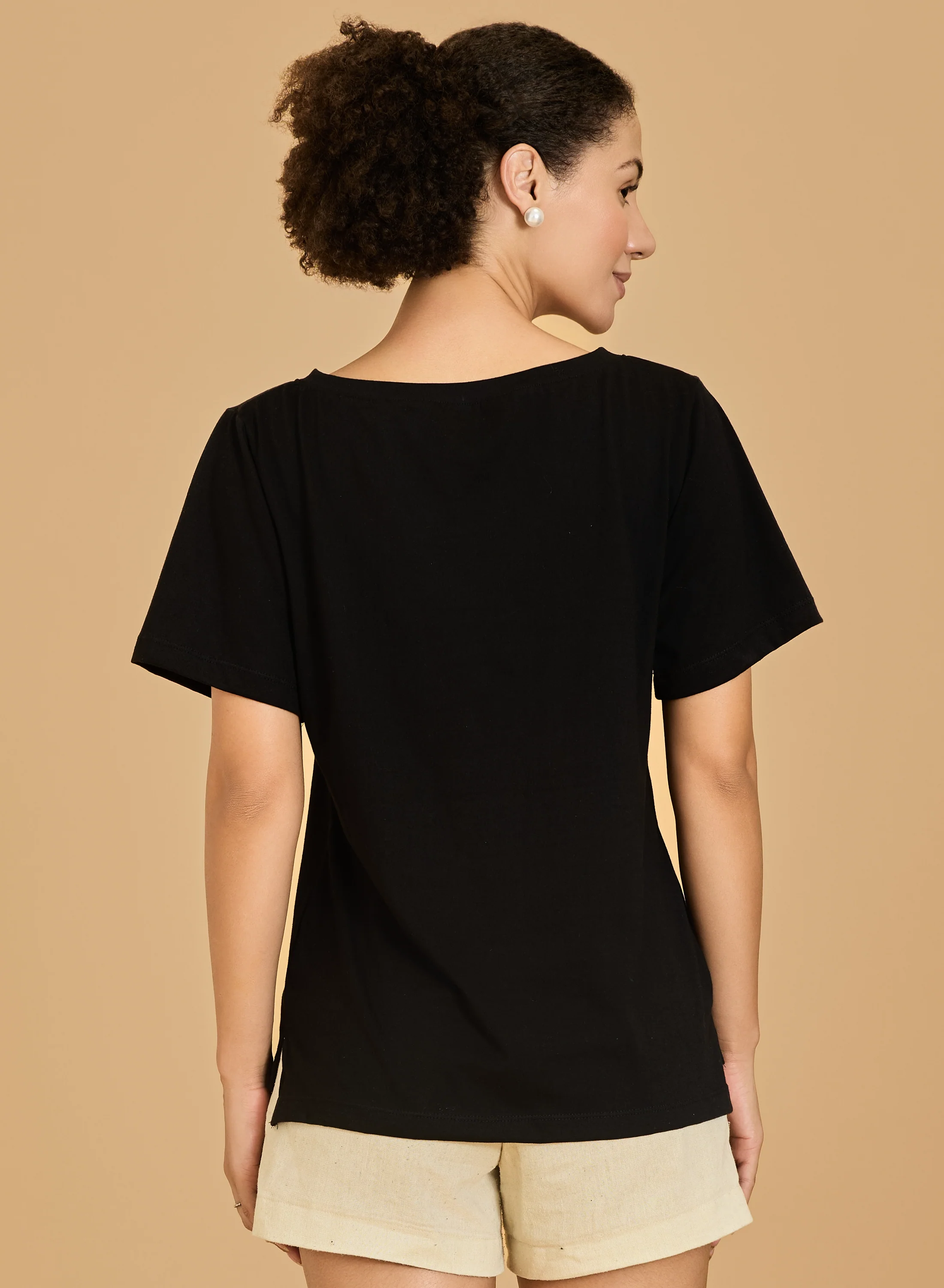 Urban Sundari Women's Cotton Blend V-Neck Half Sleeve T-Shirt with "Be Happy" Embroidery - Image 2