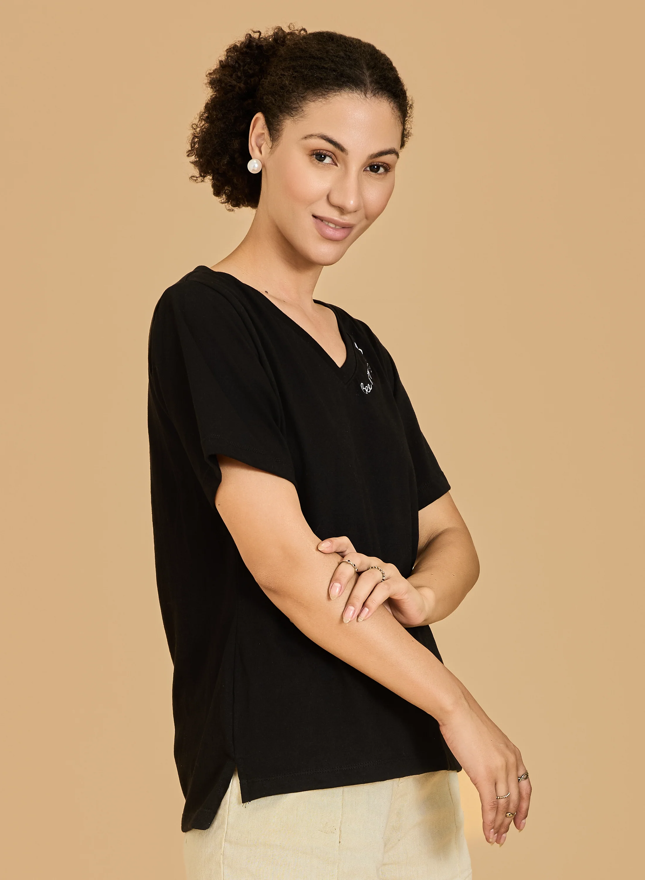 Urban Sundari Women's Cotton Blend V-Neck Half Sleeve T-Shirt with "Be Happy" Embroidery - Image 3