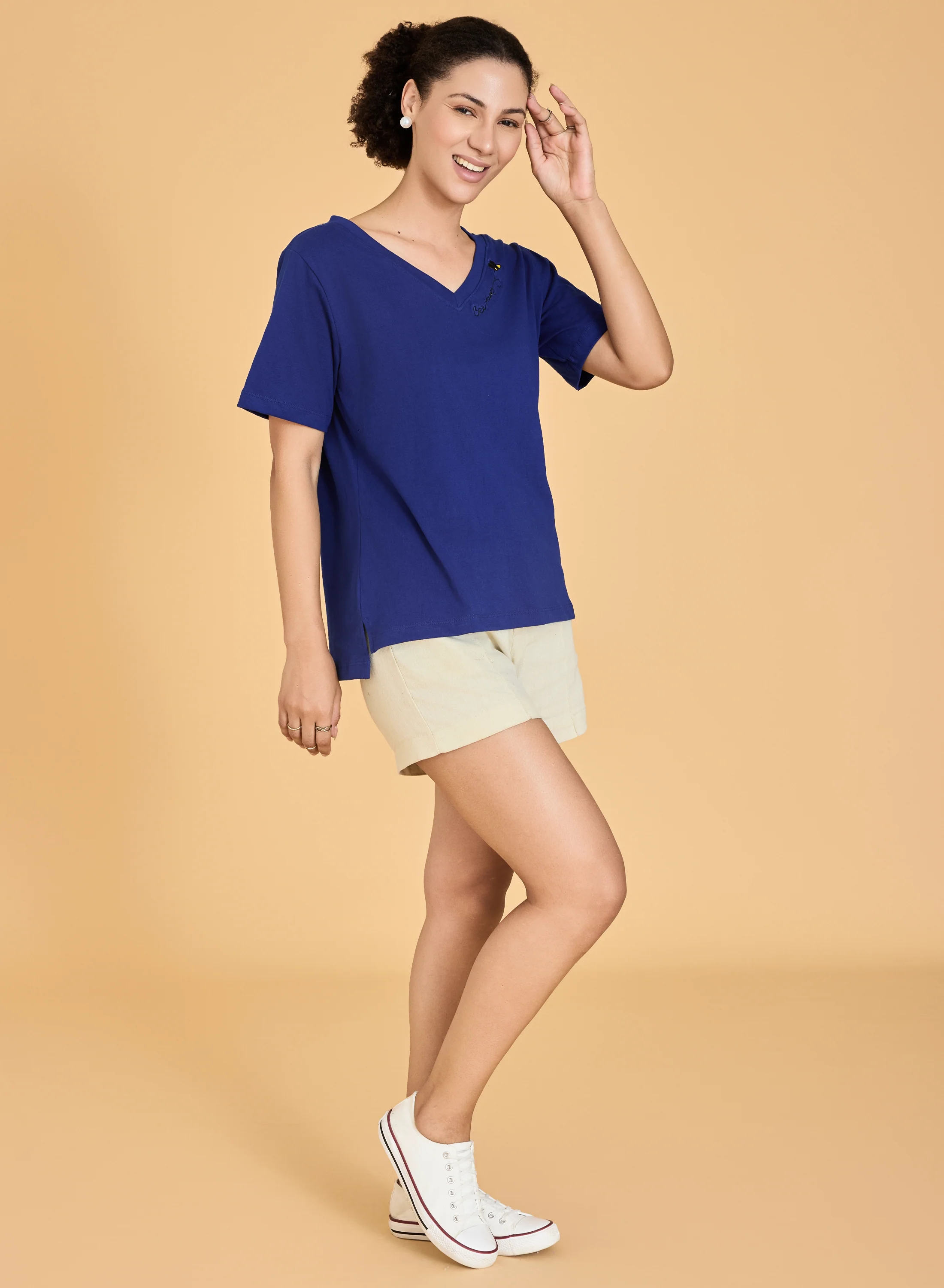 Urban Sundari Women's Cotton Blend V-Neck Half Sleeve T-Shirt with "Be Happy" Embroidery - Image 5