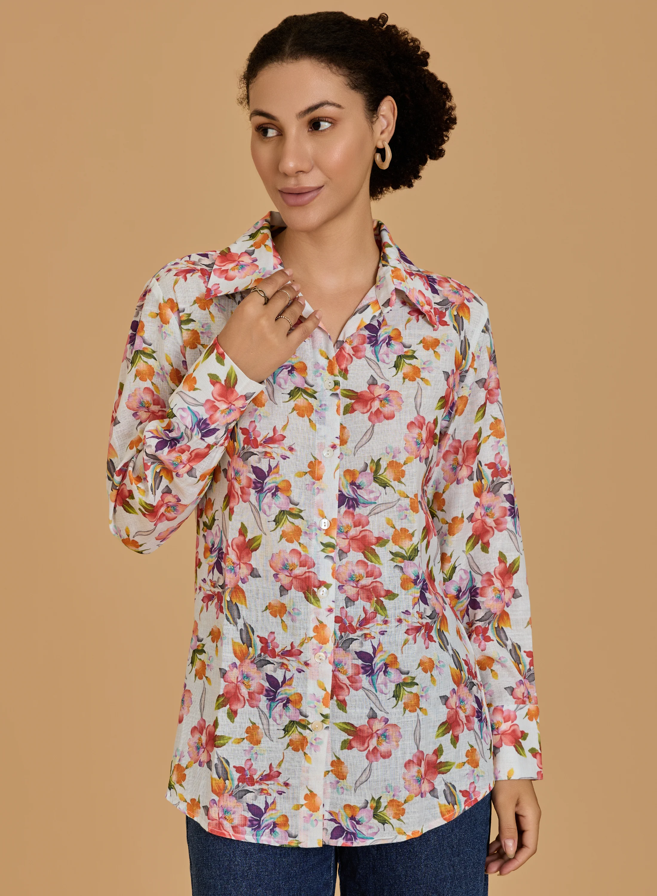 Urban Sundari Women's Floral Print Cotton Shirt with Shirt Collar and Long Sleeves