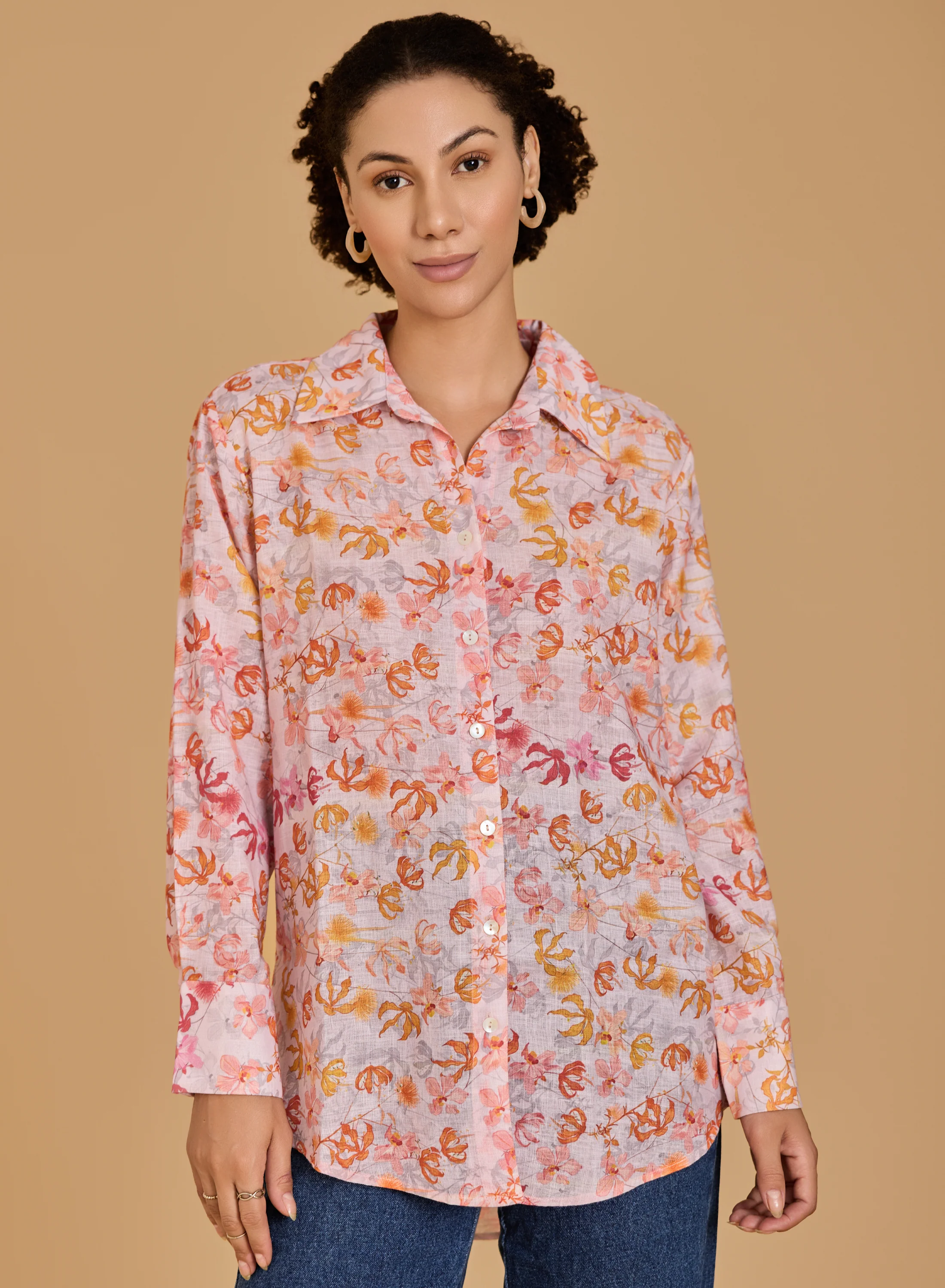 Urban Sundari Women's Floral Print Cotton Shirt with Spread Collar and Long Sleeves
