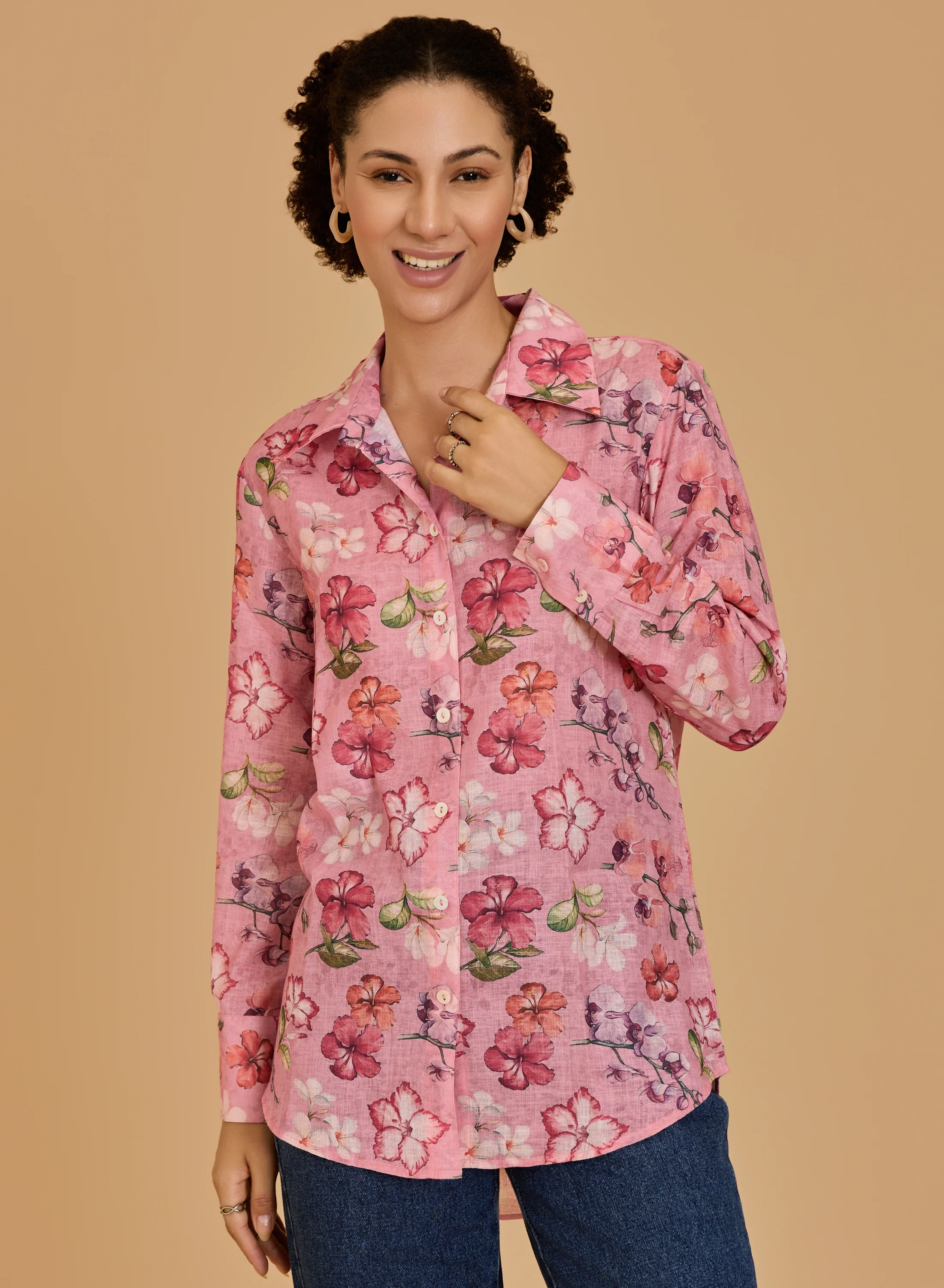 Urban Sundari Women's Floral Print Cotton Shirt with Spread Collar and Long Sleeves