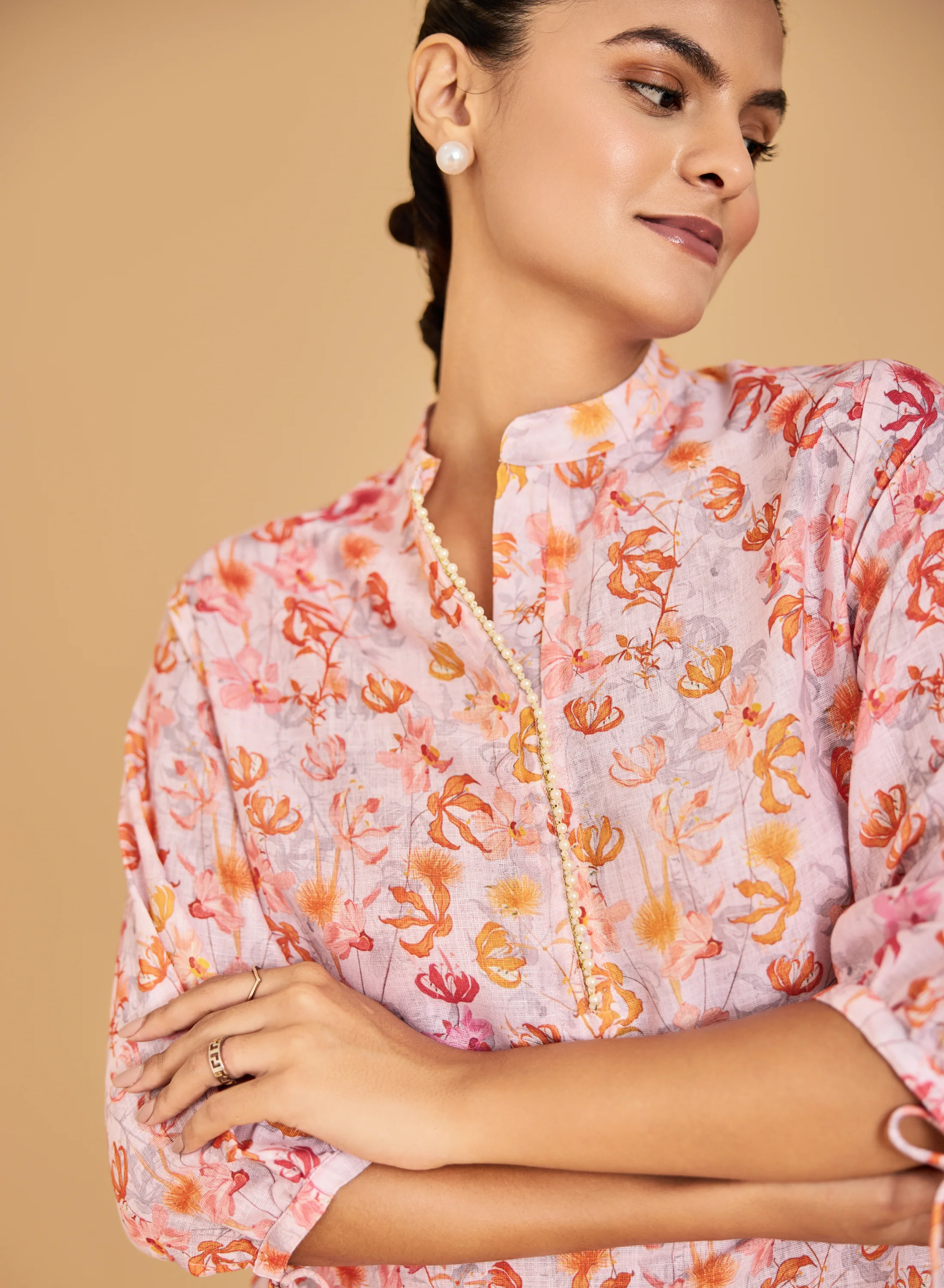 Urban Sundari Women's Floral Printed Co-Ord Set with Front Lace Embellished Mandarin Collar - Image 3