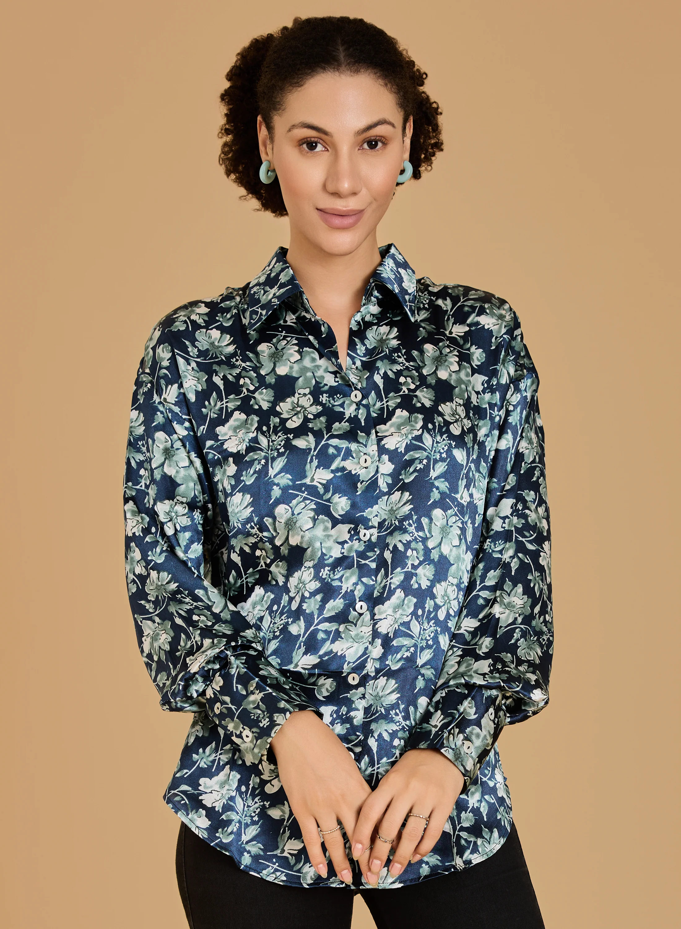 Urban Sundari Women's Floral Printed Satin Shirt with Spread Collar and Long Sleeves