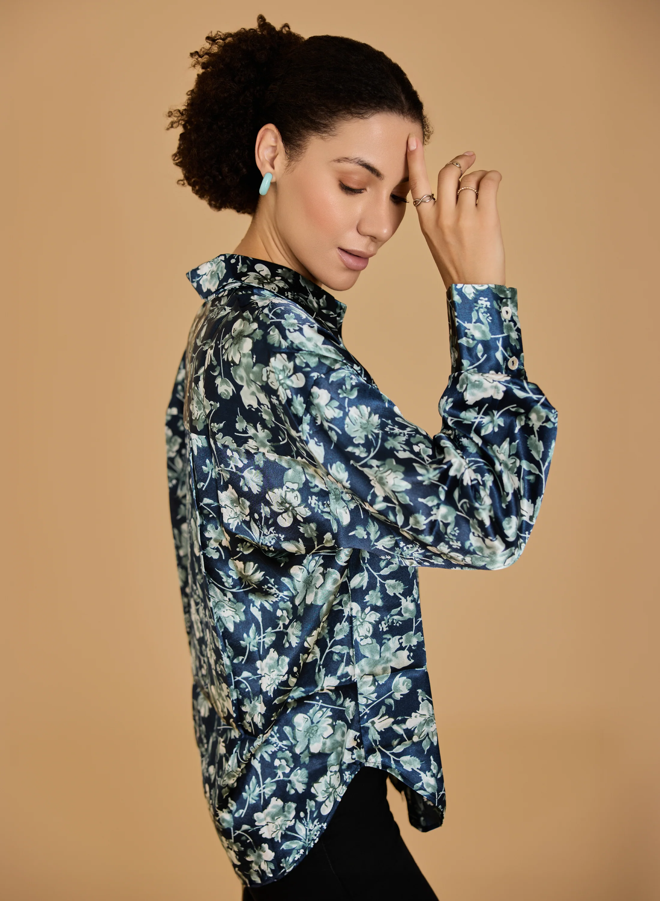 Urban Sundari Women's Floral Printed Satin Shirt with Spread Collar and Long Sleeves - Image 3