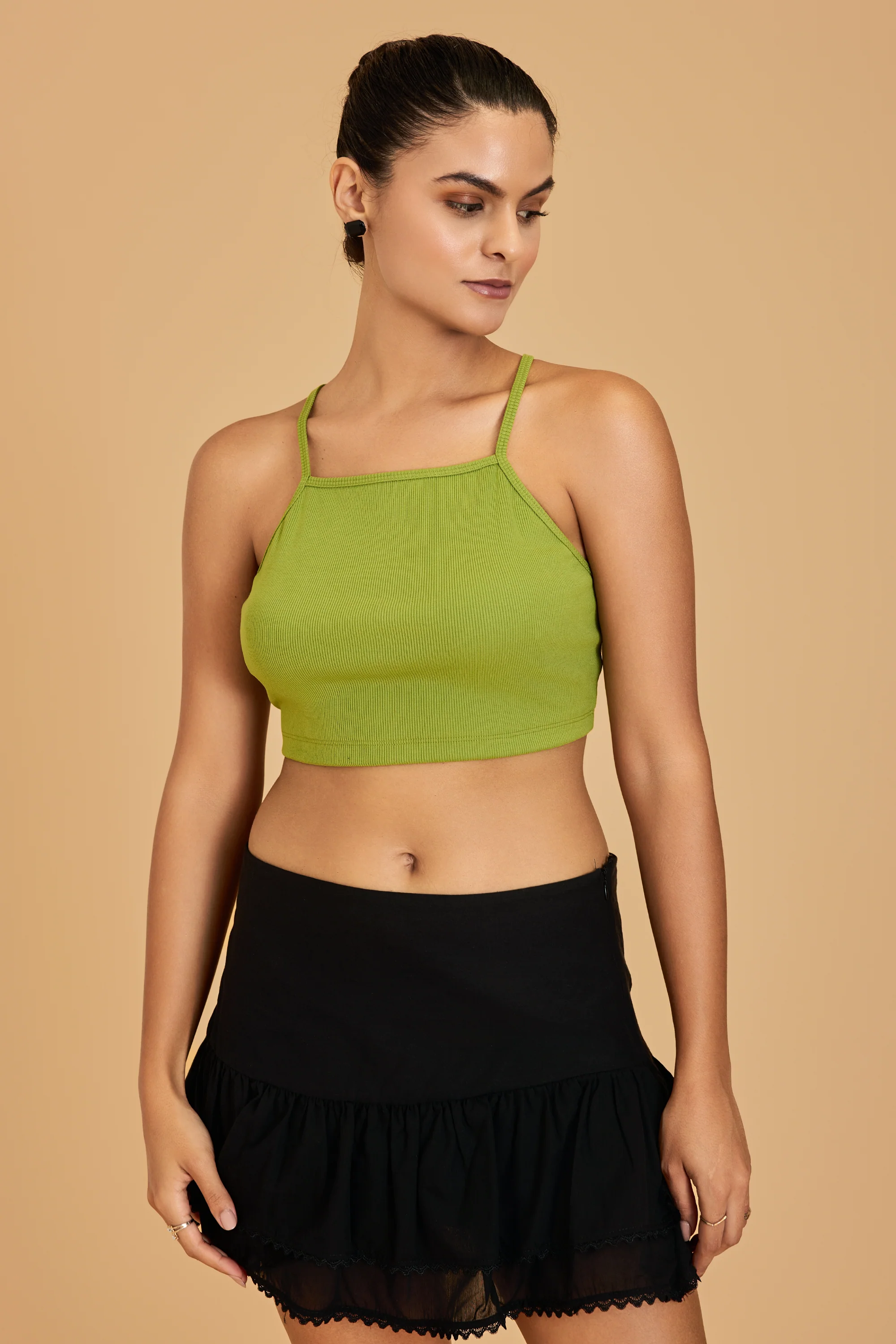Urban Sundari Women's Solid Cotton Rib Crop Top with Shoulder Straps and Back Tie-Knot - Image 14