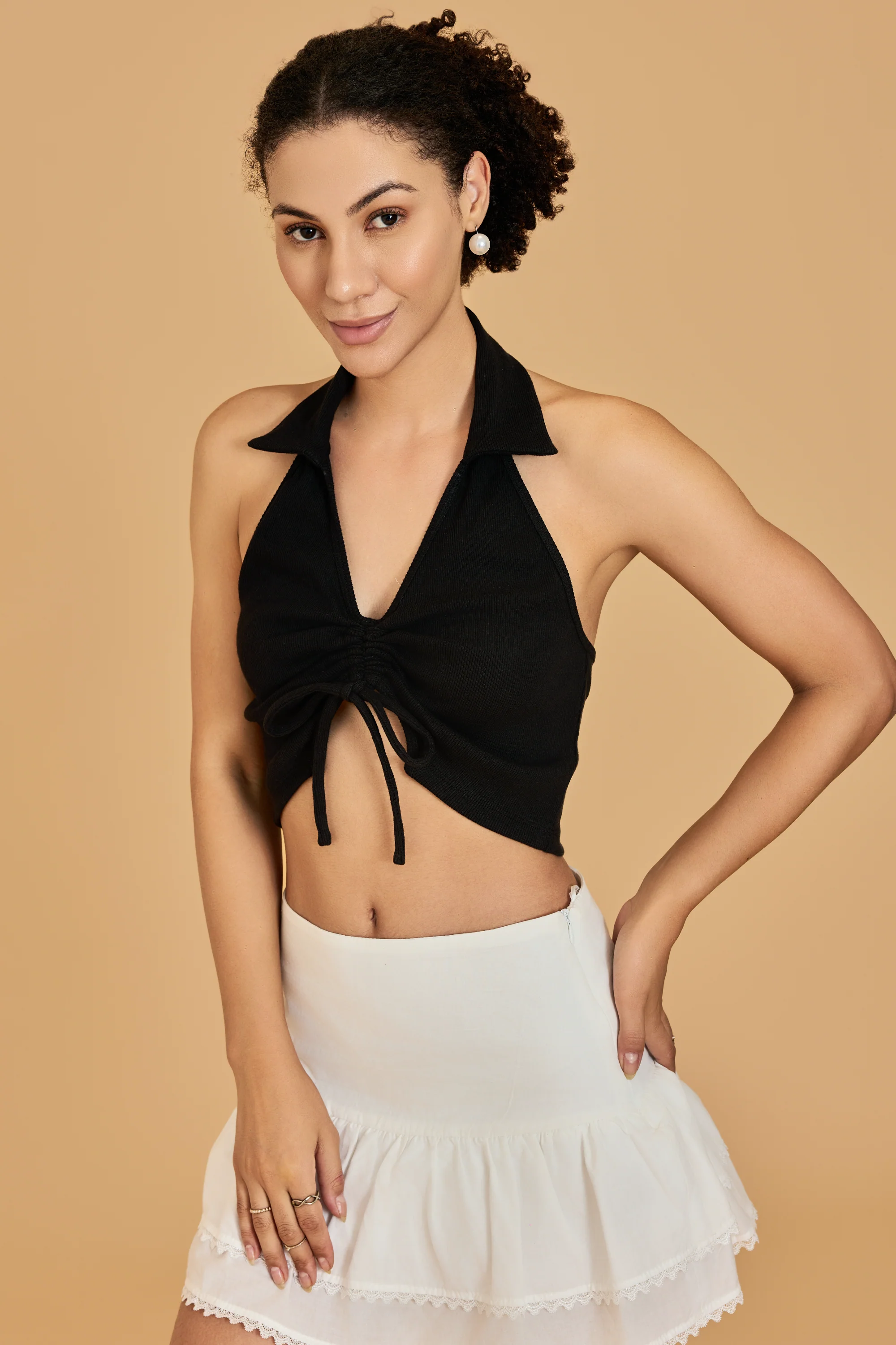 Urban Sundari Women's Solid Cotton Rib Halter Neck Crop Top with Front Ruched Detail - Image 2