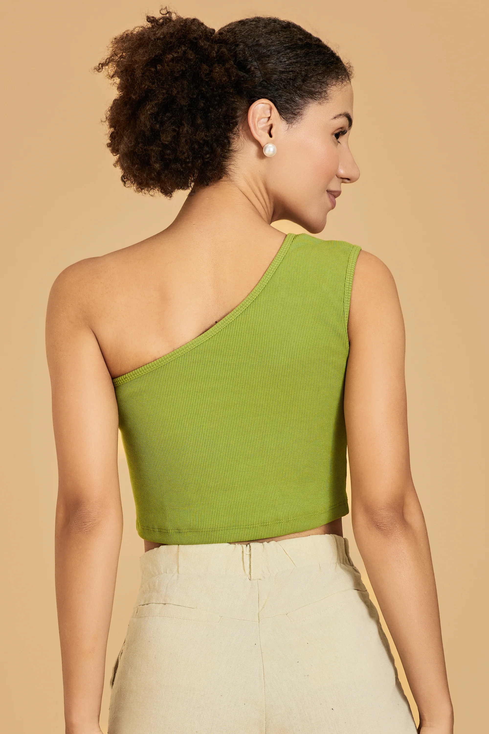 Urban Sundari Women's Solid Cotton Rib One Shoulder Crop Top with Shoulder Cut-Out Design - Image 7