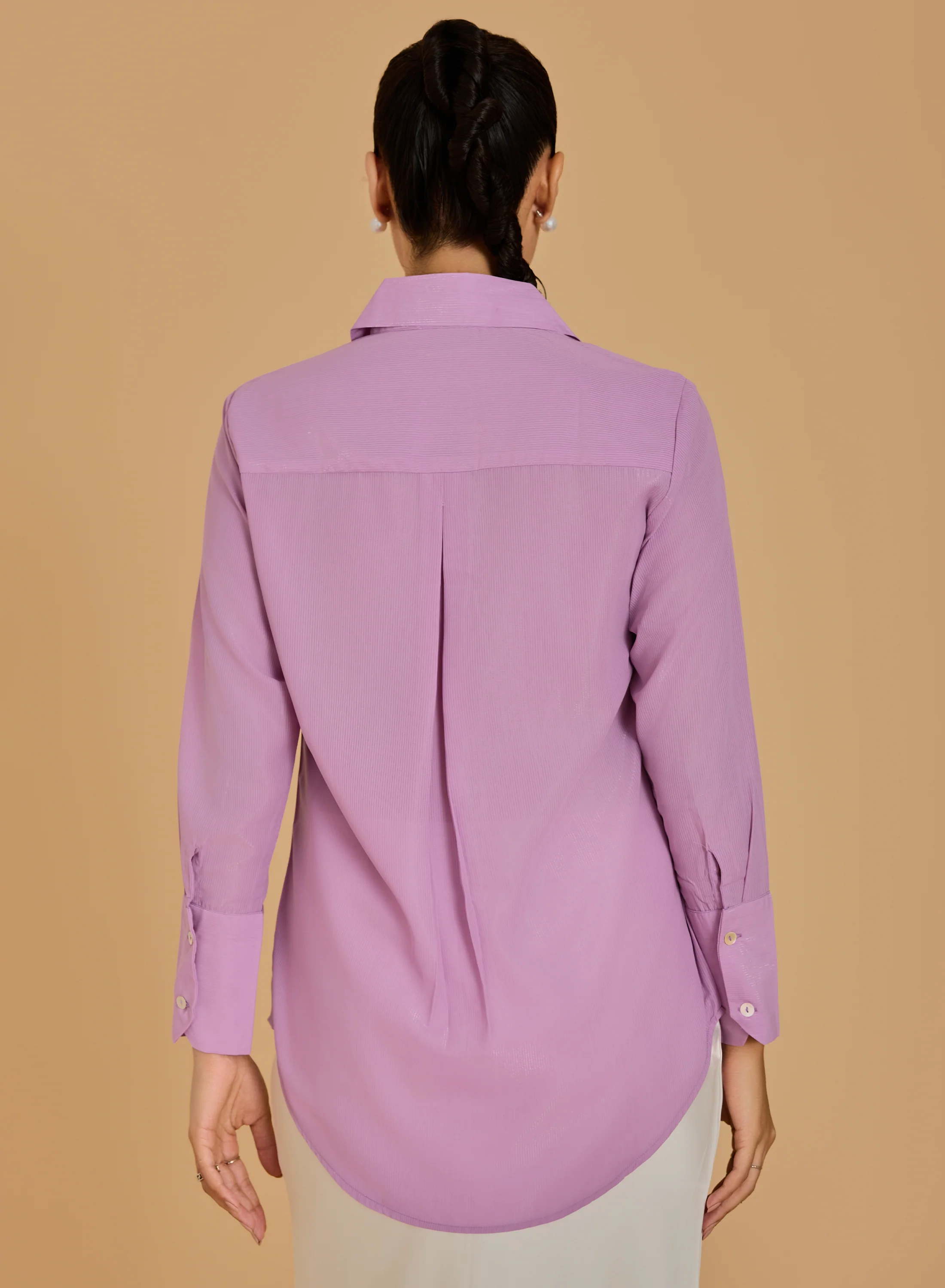 Urban Sundari Women's Solid Cotton Shimmer Shirt with Spread Collar and Curved Hemline - Image 2
