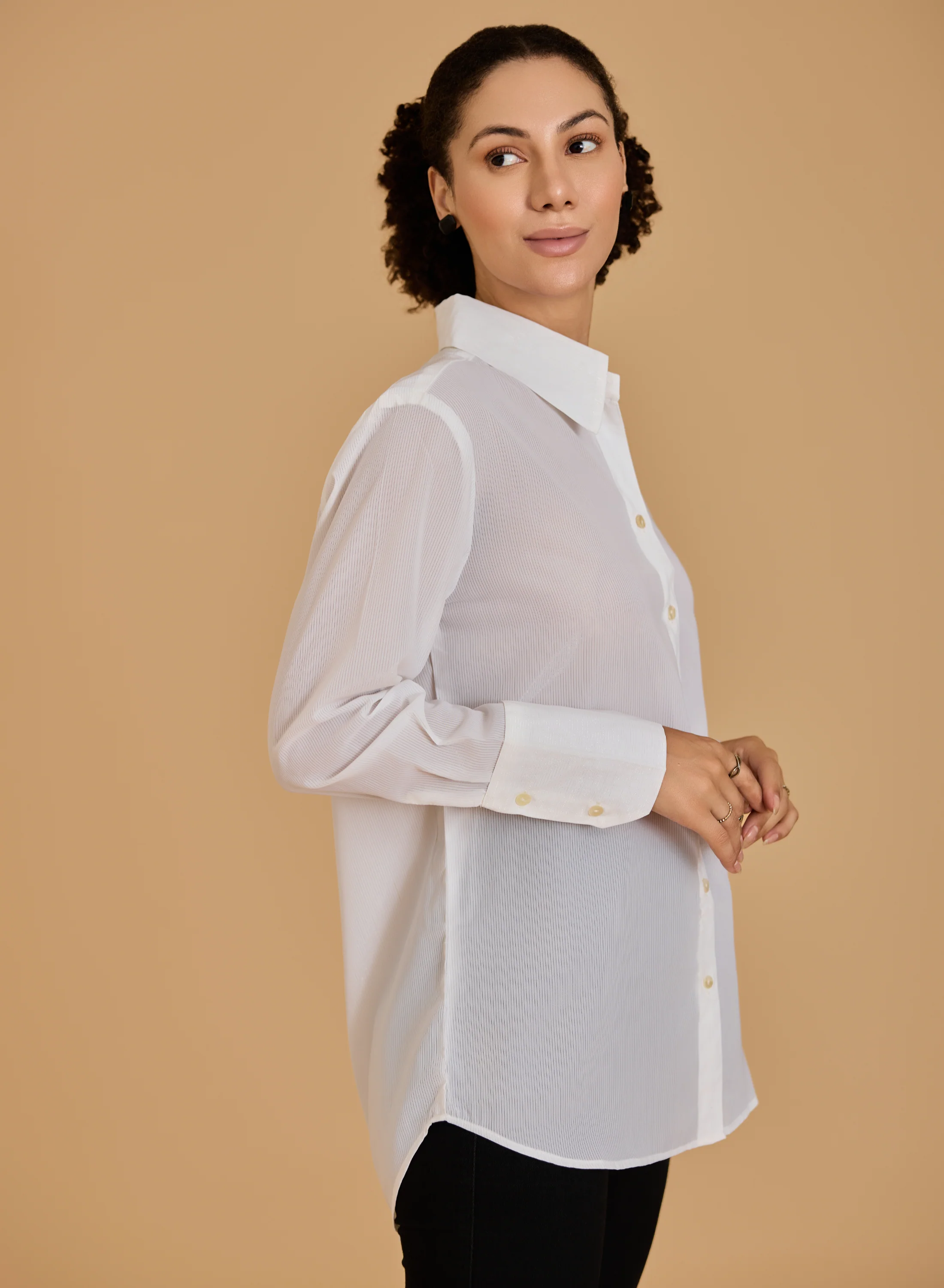 Urban Sundari Women's Solid Cotton Shimmer Shirt with Spread Collar and Curved Hemline - Image 7