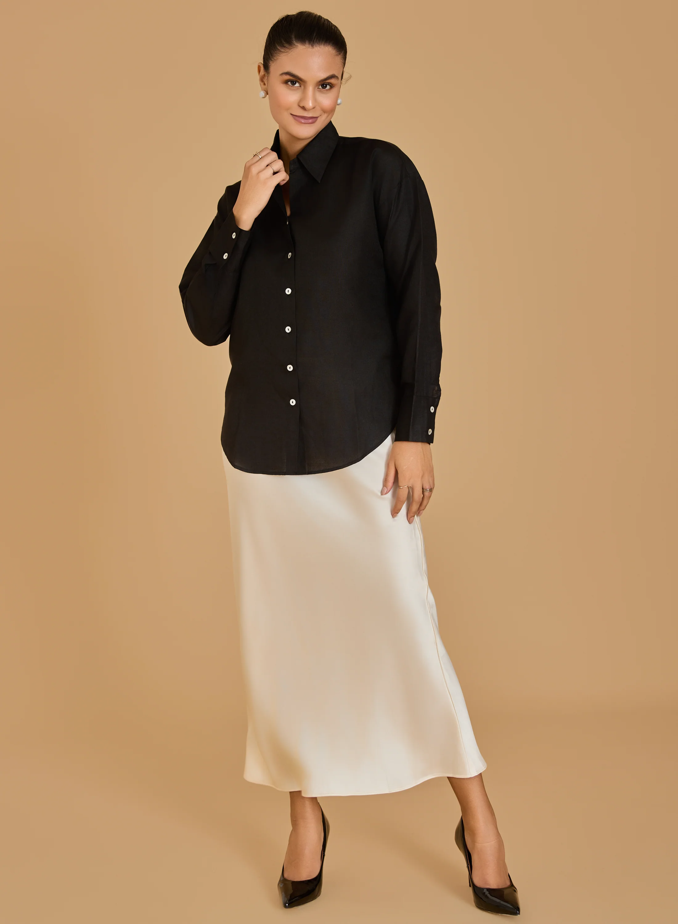 Urban Sundari Women's Solid Cotton Shirt with Shirt Collar and Curved Hemline - Image 5
