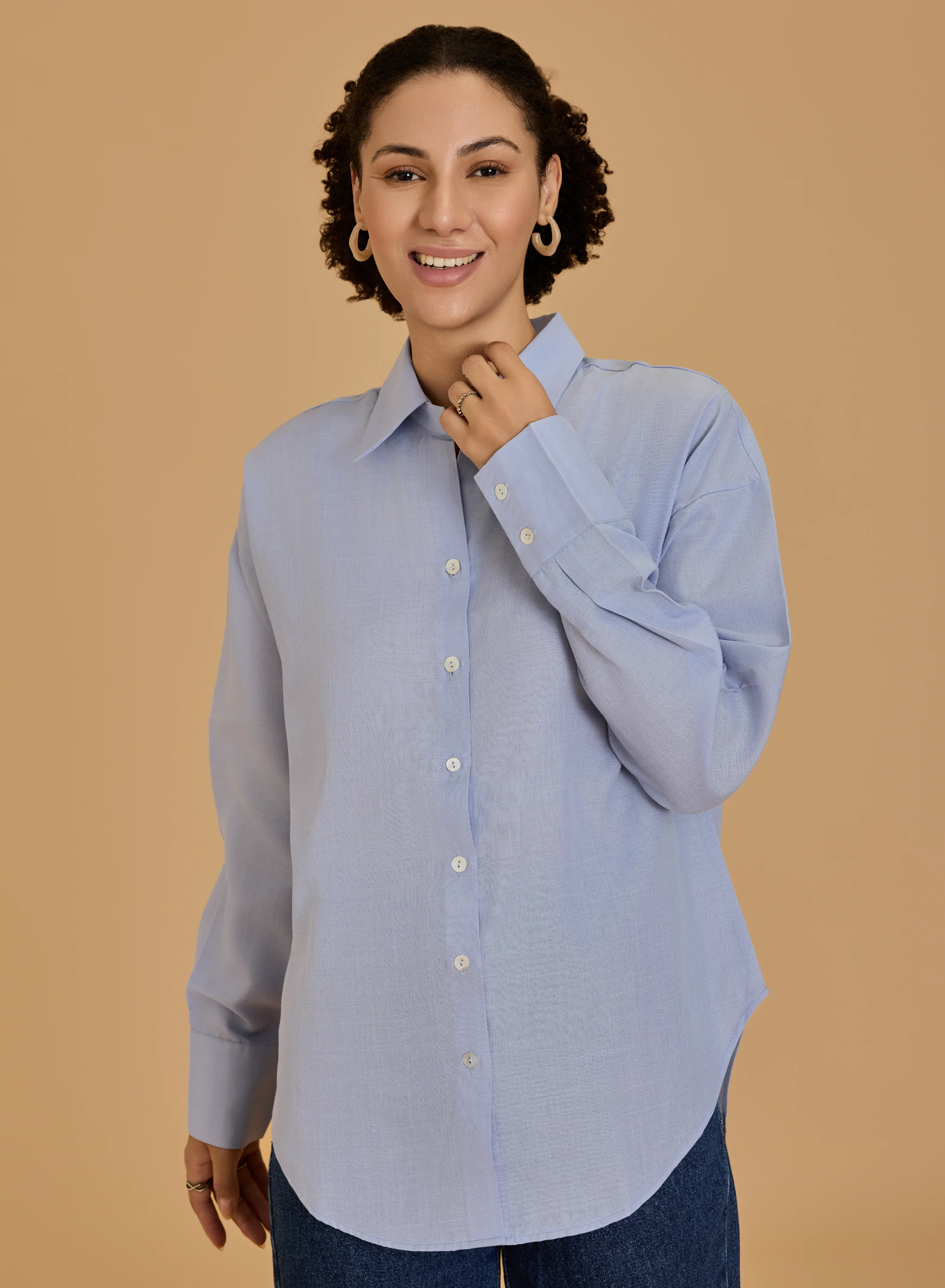 Urban Sundari Women's Solid Cotton Shirt with Shirt Collar and Curved Hemline - Image 6