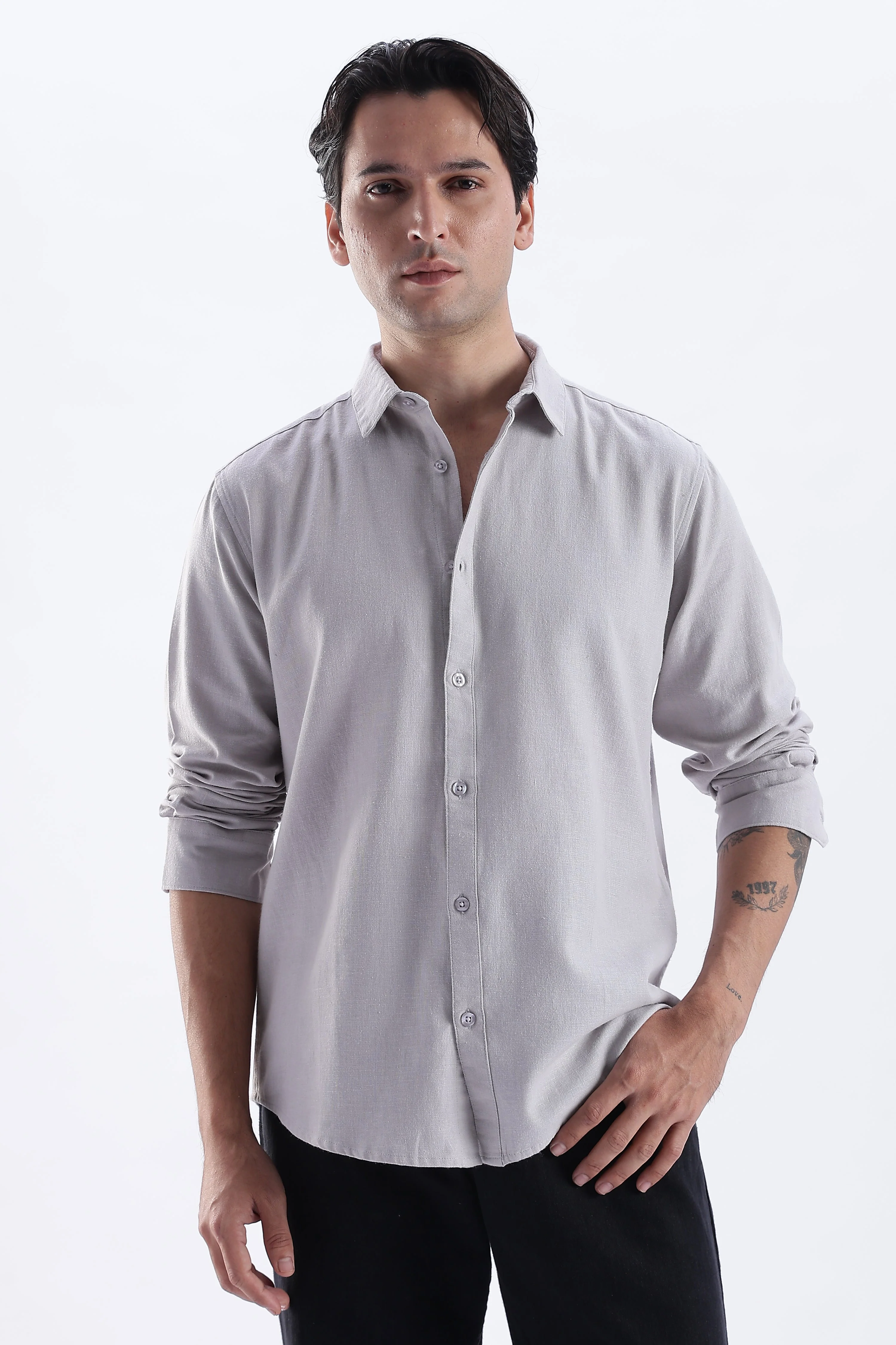 Uri Argent Grey Spread Collar Solid Shirt - Image 3