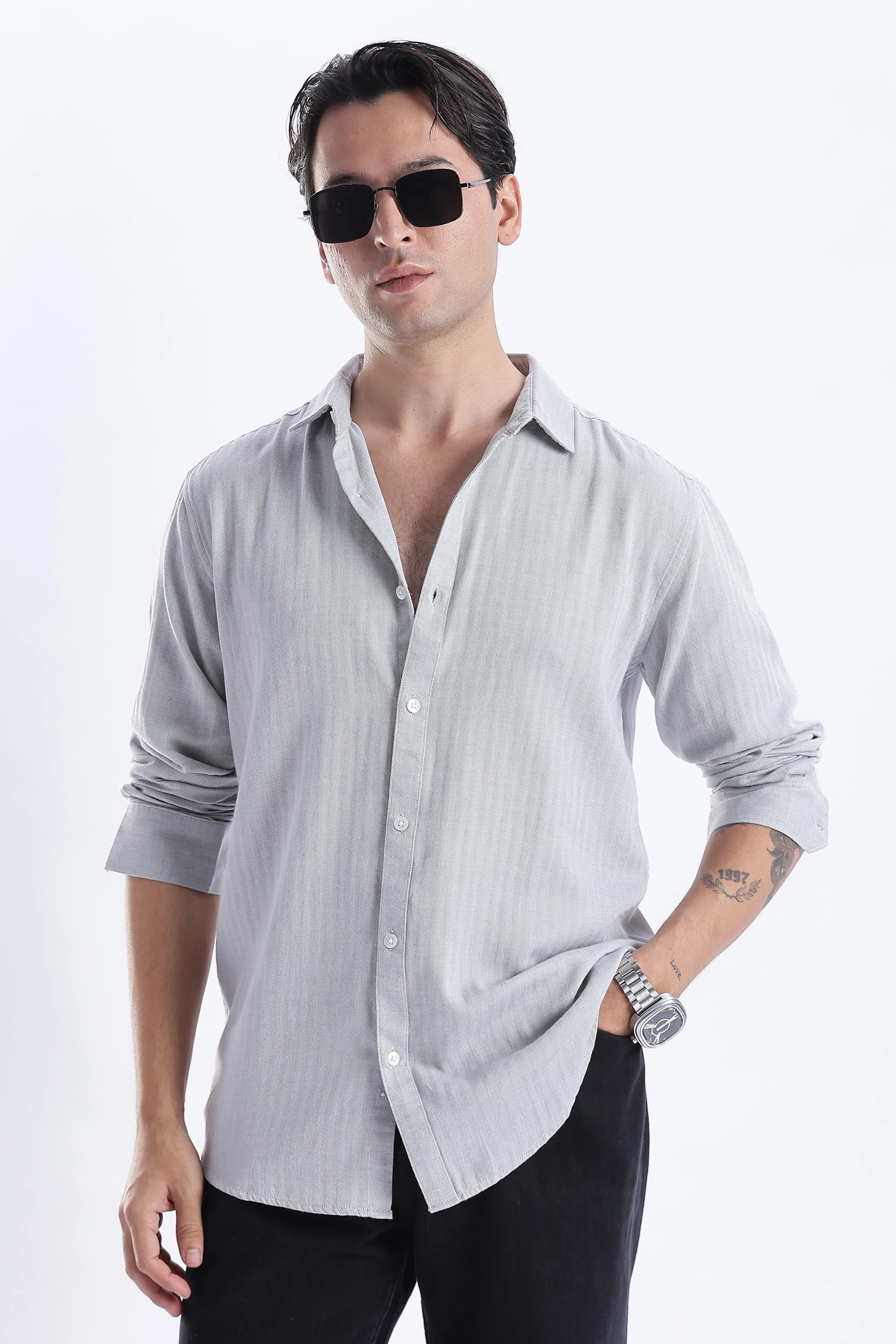 Uri Ash Grey Herringbone Cotton Shirt