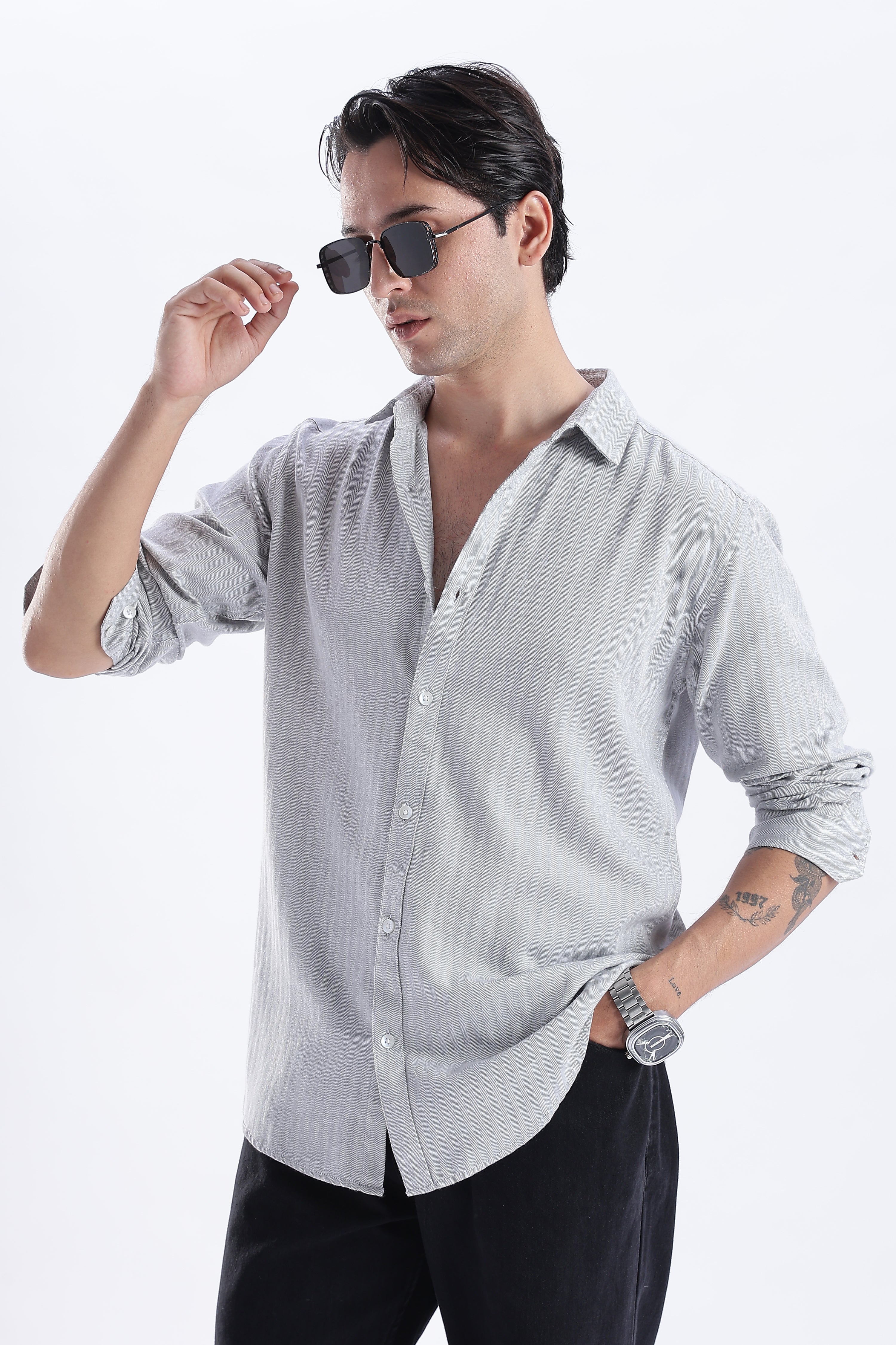 Uri Ash Grey Herringbone Cotton Shirt - Image 2