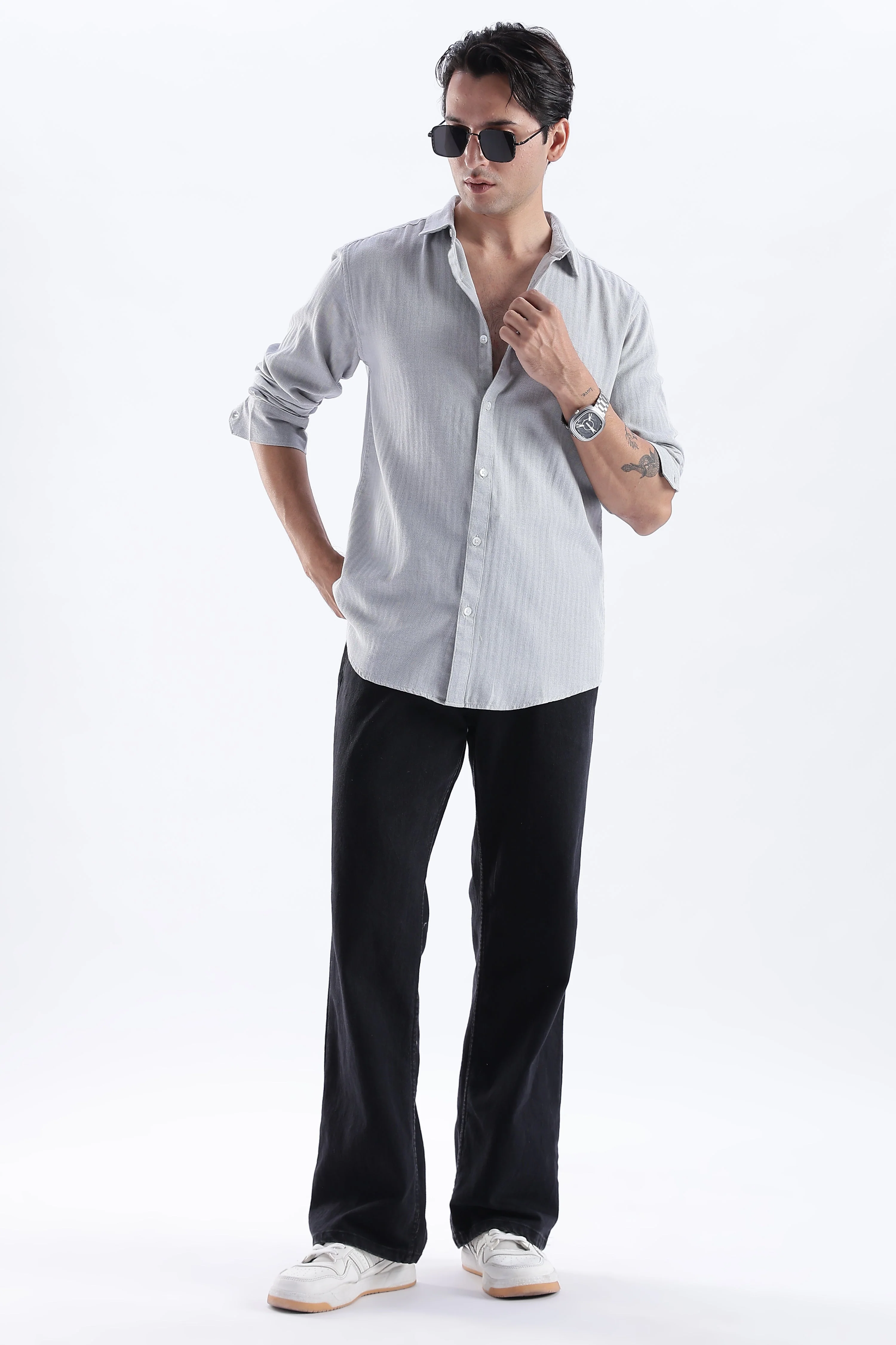 Uri Ash Grey Herringbone Cotton Shirt - Image 5